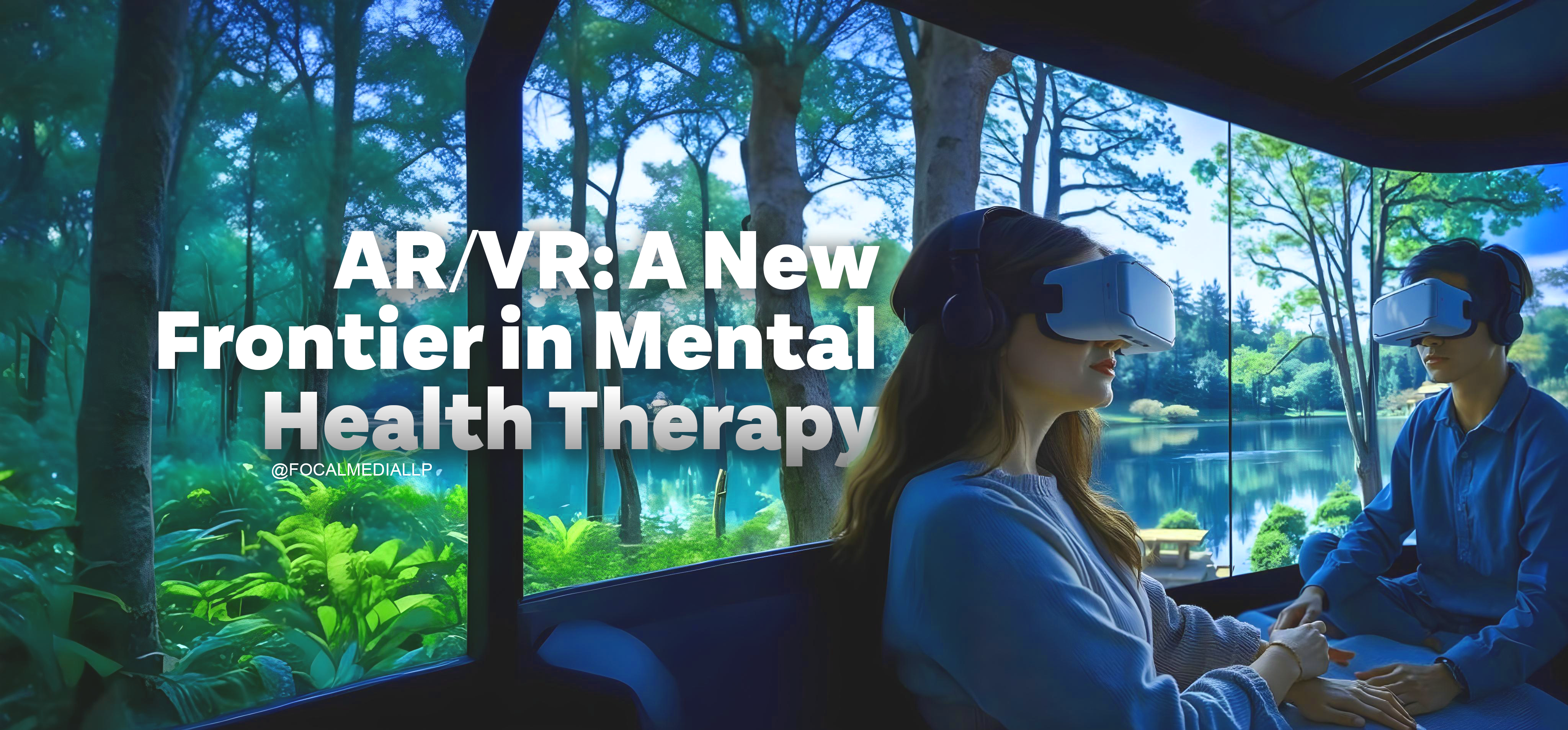 A futuristic AR/VR mental health therapy room with a woman and a man using headsets, surrounded by immersive nature visuals, such as a forest and a serene lake, promoting relaxation and mindfulness.