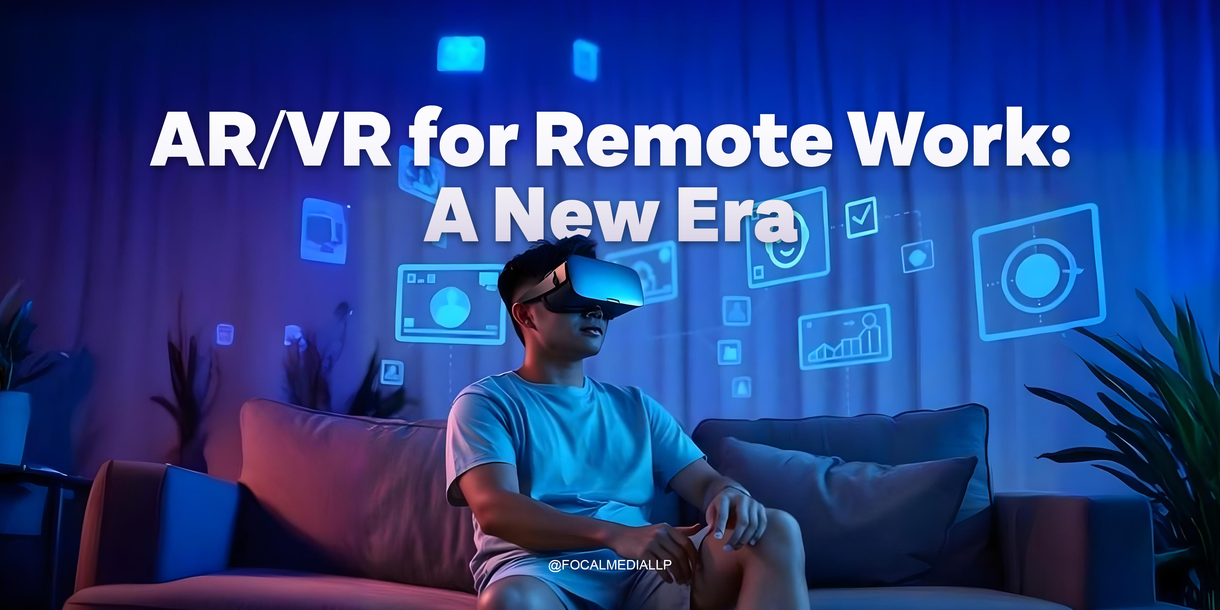 an Asian man in his 30s sitting on a modern sofa wearing an Oculus headset, attending a virtual call, dressed in a casual t-shirt and shorts, in a home setting illuminated by dark blue neon lights, surrounded by floating holographic elements including digital screens and icons
