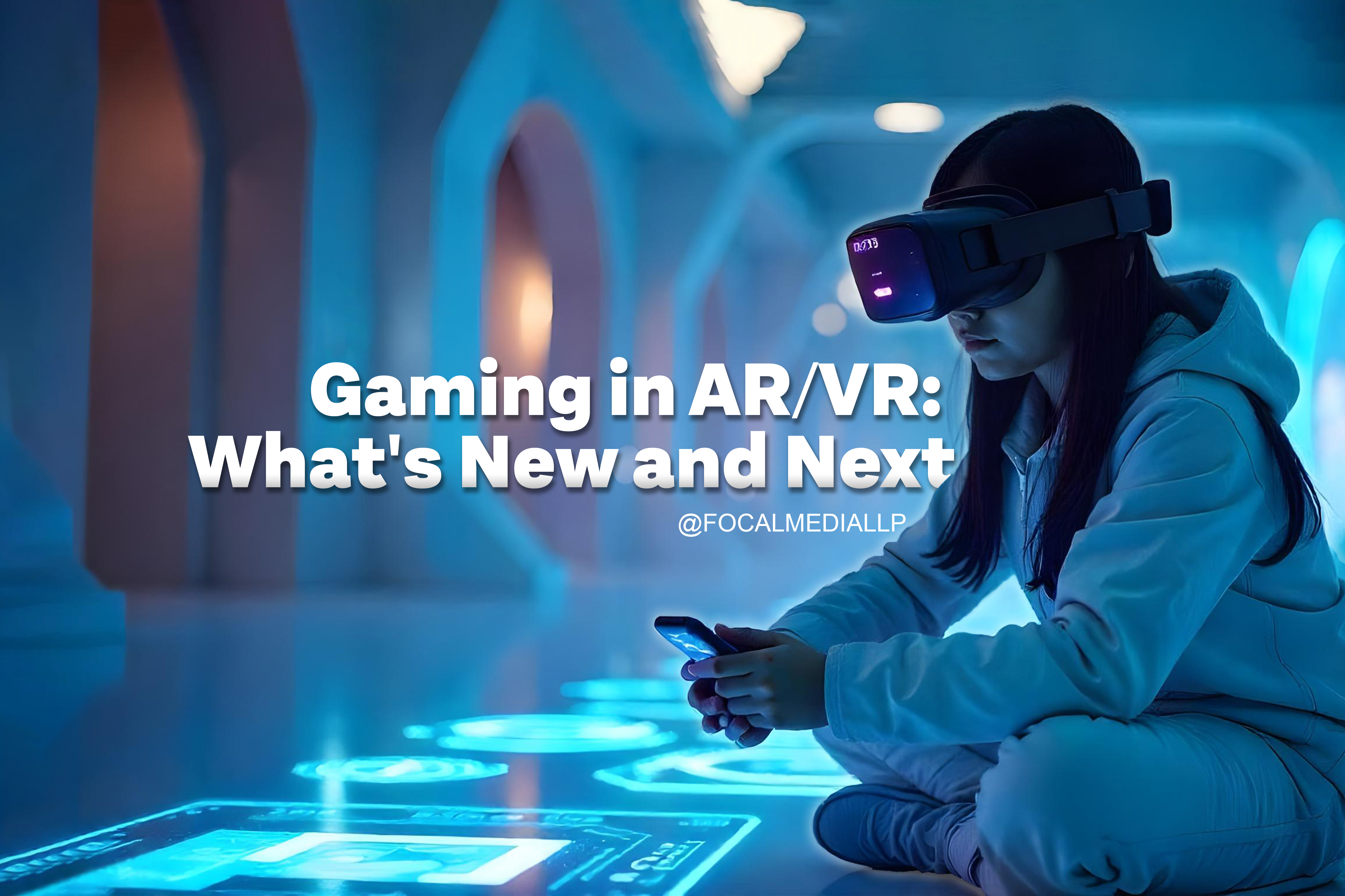 A young Indian girl with straight black hair, wearing a form-fitting gamer suit and a futuristic virtual reality headset, playing an augmented reality game amidst a dynamic futuristic backdrop illuminated by glowing blue accents and holographic images materializing from the ground.