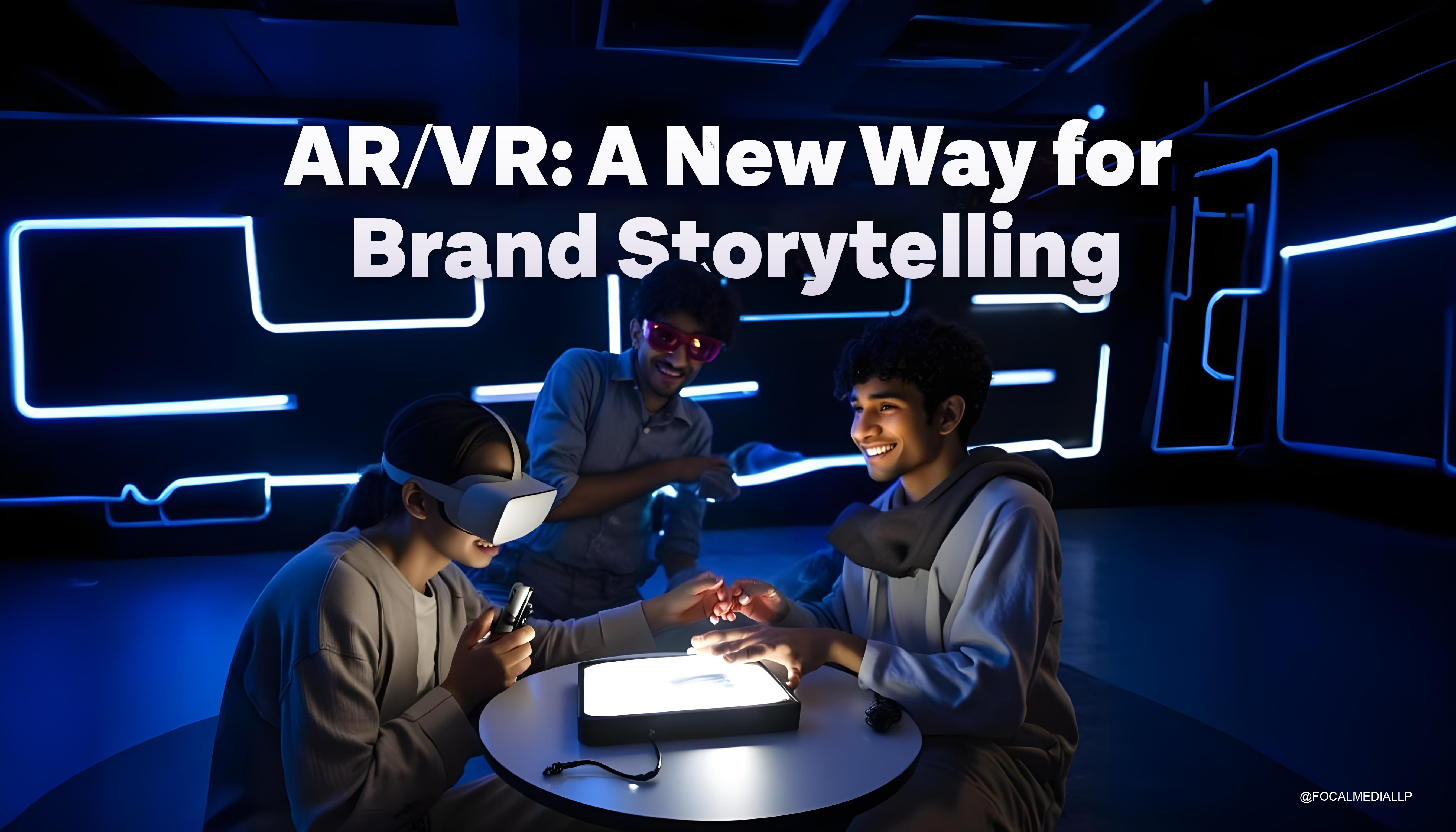 a holographic device on the center of the table projecting a product with customers 2 - 3 customers wearing VR glasses around the table wearing vr glasses looking at the product set in a black-blue background with neon lights