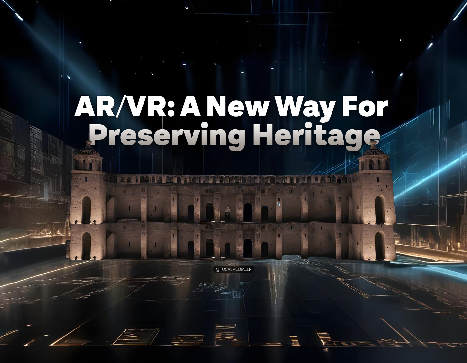 A spotlight beams down onto a colossal, ancient structure bathed in an eerie blue glow. It sits center stage, a silent testament to the past. Above, the words "AR/VR: A New Way For Preserving Heritage" blaze in stark white, promising a future where these relics will live on, not just in stone, but in the metaverse, accessible through immersive experiences powered by extended reality (XR) technologies like augmented reality (AR) and virtual reality (VR). Mixed reality (MR) will enable users to seamlessly blend the physical and digital worlds, allowing for unprecedented levels of interaction and exploration of our shared history.