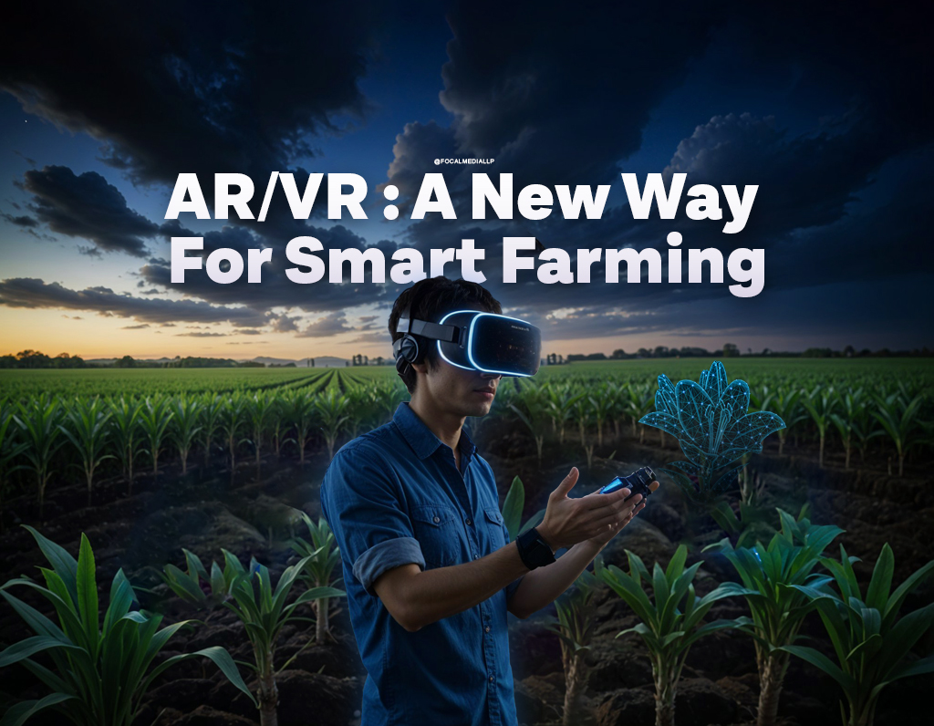 A young man wearing a virtual reality headset , interacting with a digital environment that appears to be a farm scene set in a farming field bg black blue neon tone