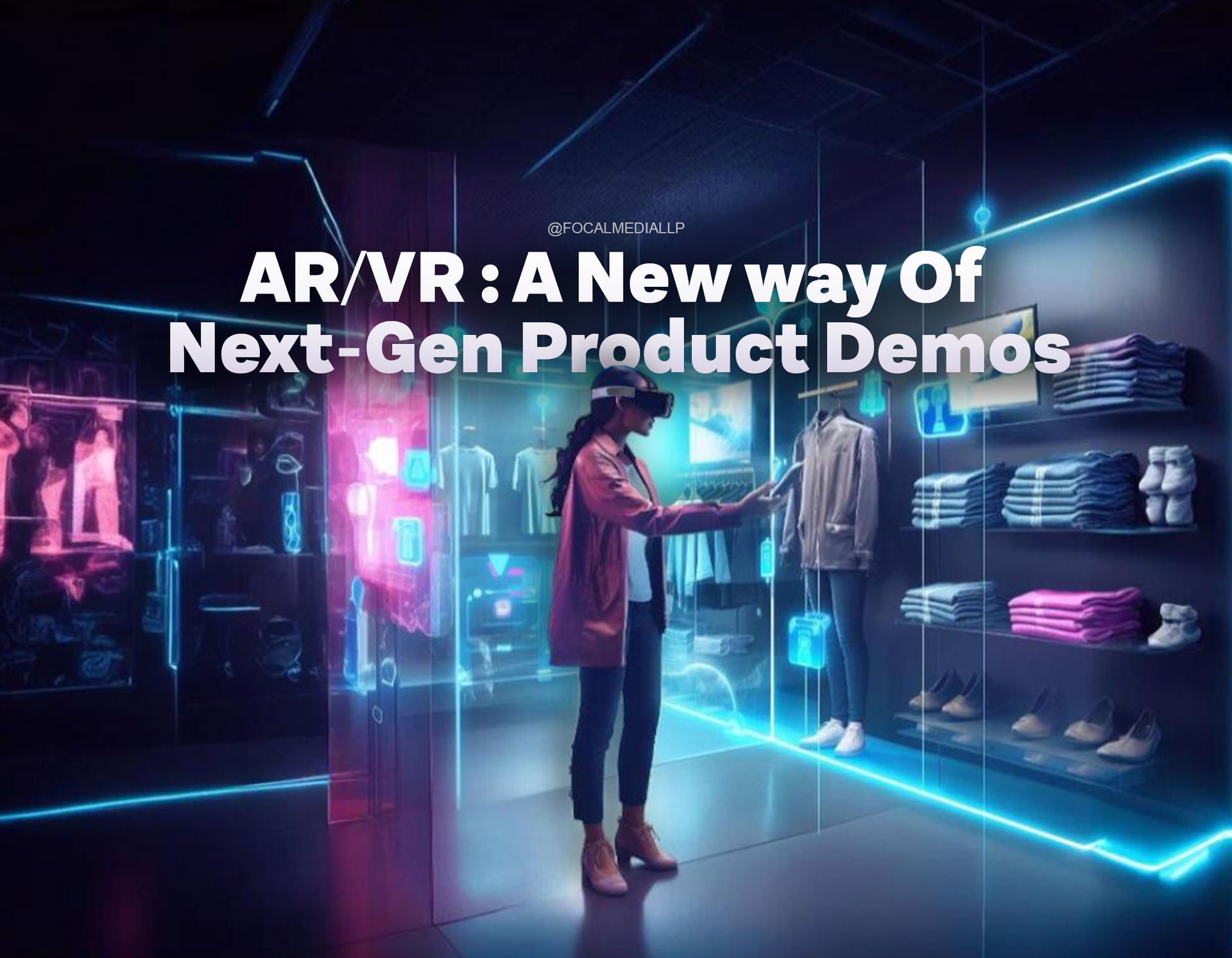 A young woman wearing a virtual reality headset is interacting with a futuristic clothing store. She is standing in front of a holographic display featuring various clothing items, including shirts and jackets, neatly arranged on shelves. The environment is illuminated with blue and pink neon lights, enhancing the high-tech atmosphere. The background includes digital icons and information panels related to the clothing.