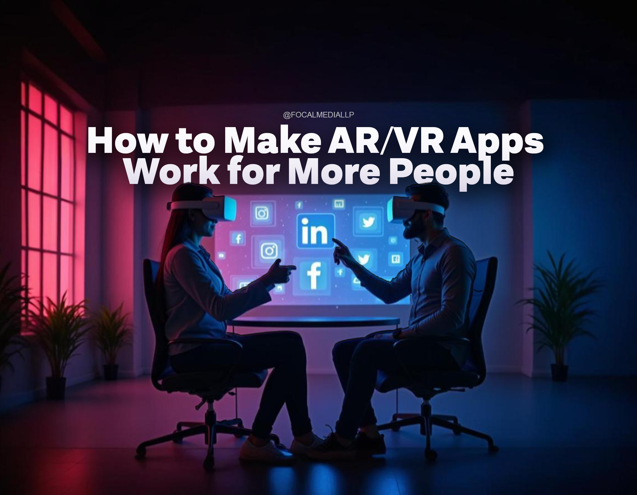a man and a women weraing ar vr glasses in an office space sitting on chairs interacting with holographic glowing logos of social media apps like LinkedIn Instagram Facebook etc set in a black blue pink neon background