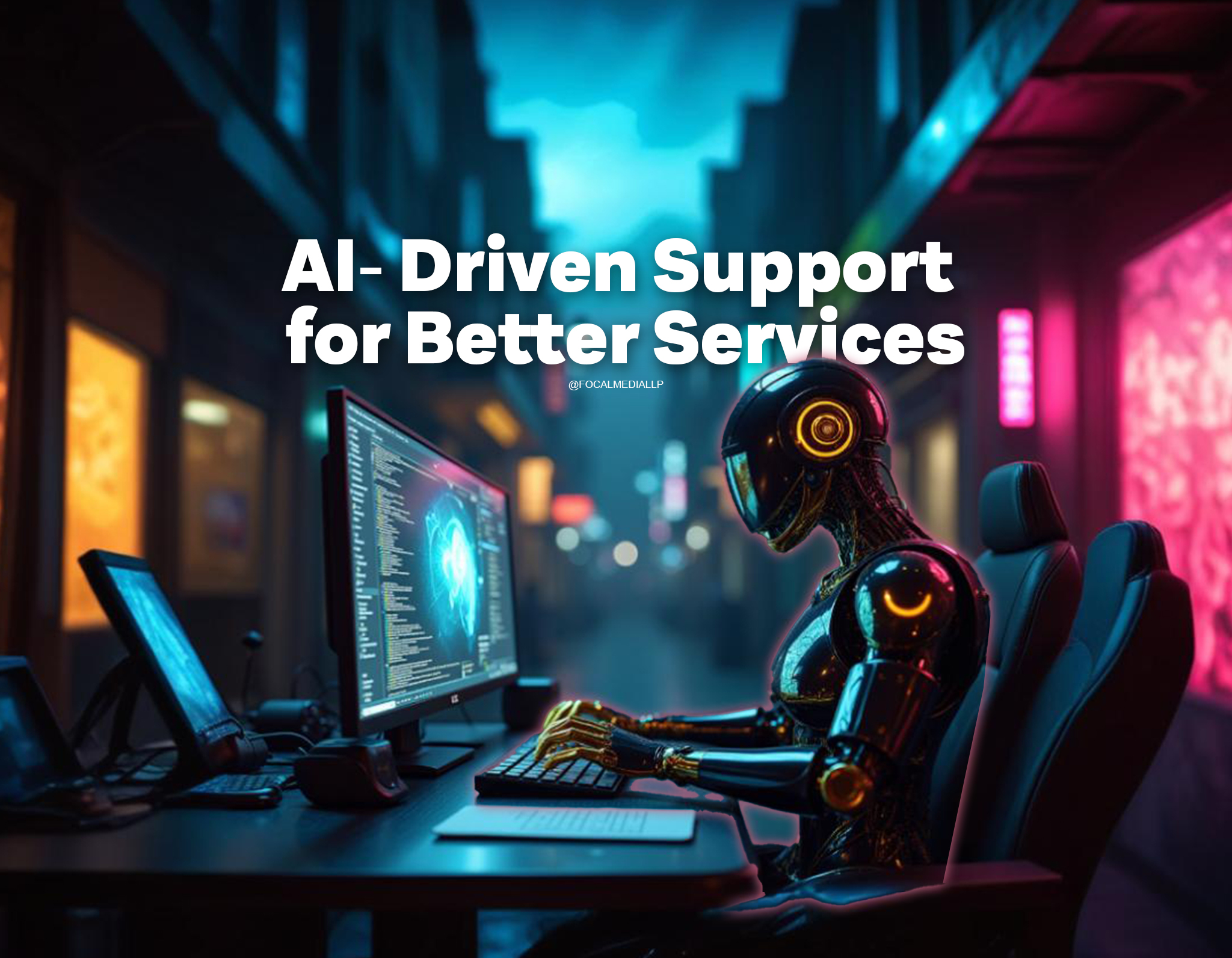 Humanoid Android with gold accents working on a retro-futuristic desktop with holographic elements, neon blue and pink highlights, against a dark, cyberpunk alleyway background.