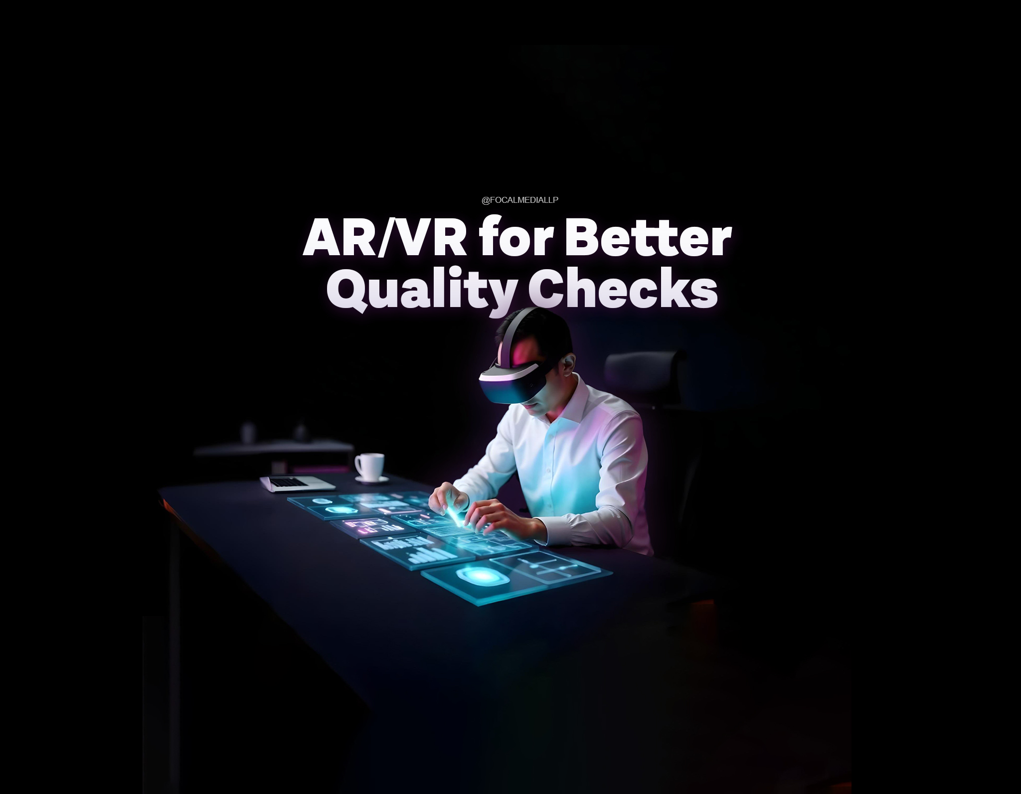 Create a futuristic concept art of a professional using AR/VR technology for quality control in a high-tech workspace. Include holographic screens displaying data, analytics, and virtual tools, with a dark background to emphasize the glowing interface elements. The professional should appear engaged with the virtual environment, wearing advanced AR/VR equipment.