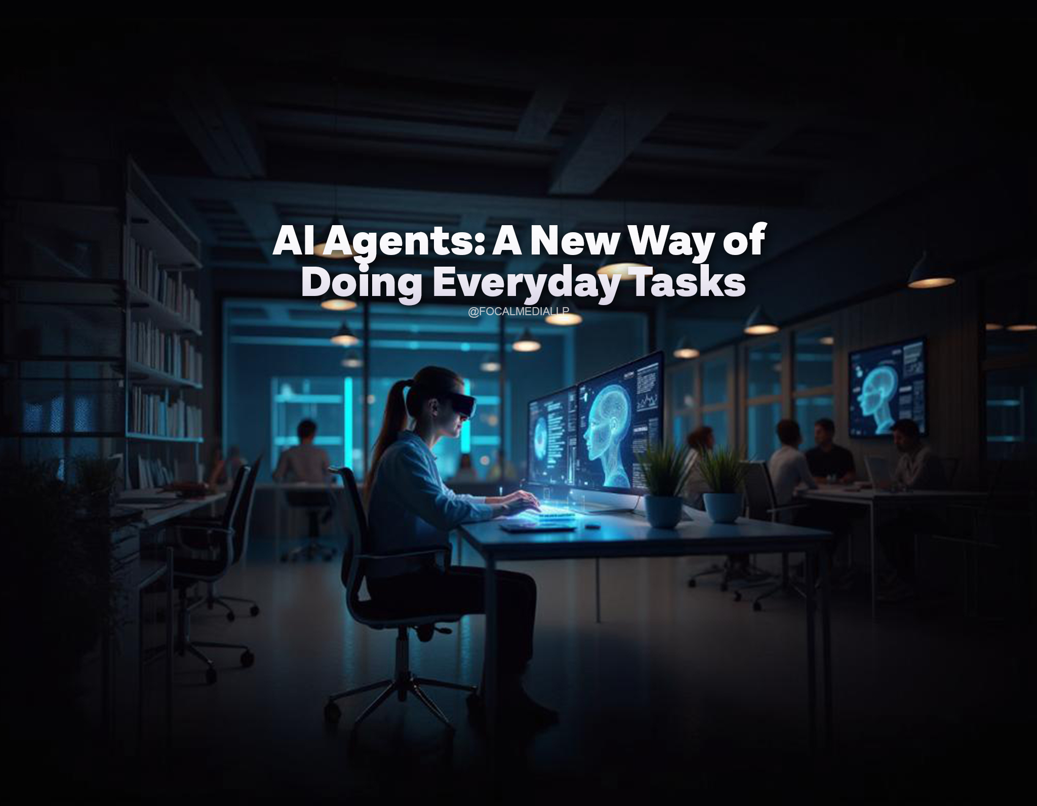 A futuristic office environment with a cool blue and dark color palette, illuminated by ambient lighting. The scene should feature an open-plan workspace with glass partitions, modern desks, and ergonomic chairs. In the foreground, a woman with a ponytail is sitting at a desk, wearing smart AR or VR glasses, and interacting with a large, transparent digital display. The display should show detailed graphics of a human brain, data charts, and AI-related icons, suggesting advanced artificial intelligence technology.