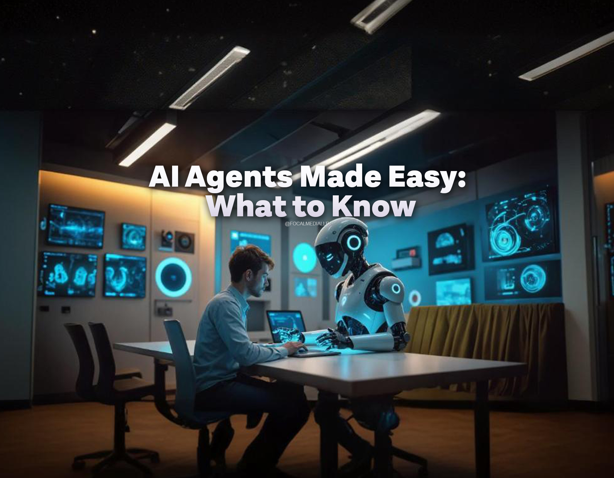 A futuristic collaboration between a human and an Android robot set against a dark background illuminated by vibrant black, blue, and pink neon lights. The human sits at a sleek, modern desk with a laptop open, while the Android stands beside them, gesturing towards the screen with a fluid motion. The Android's body is designed with a sleek, metallic finish, adorned with glowing blue accents that highlight its advanced technology. The background of the scene is a high-tech laboratory filled with various gadgets and screens, creating a dynamic and innovative atmosphere. The lighting is soft and warm, emphasizing the interaction between the human and the Android. The mood of the scene conveys a sense of teamwork and collaboration, showcasing how humans and AI agents can work together effectively to achieve shared goals. The image should be detailed enough to clearly see the textures of the Android's metallic body and the human's clothing, with colors that are vibrant yet natural, enhancing the futuristic neon setting.