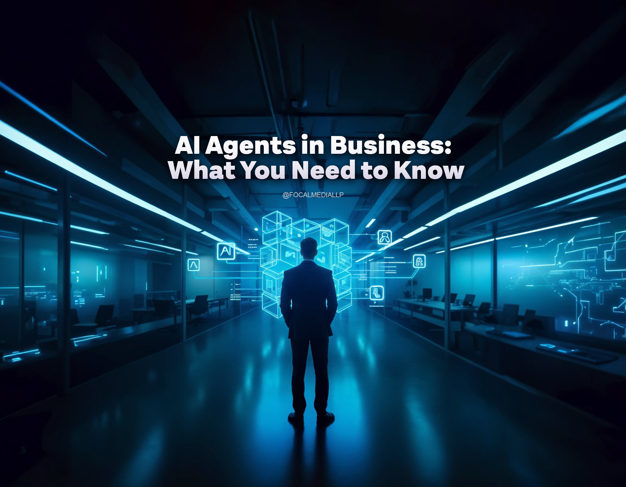 A business professional stands at the center of a sleek, futuristic office bathed in cool blue neon lights. In front of them, a detailed mind map of AI agents is projected as glowing digital holograms, each interconnected and representing different business functions such as data analysis, automation, customer service, and decision-making. The scene radiates innovation and forward-thinking, with the AI mind map visually illustrating the multifaceted roles of artificial intelligence in modern enterprises. The overall atmosphere emphasizes the transformative impact of AI agents on business operations and strategy, making it clear that technology is at the heart of the next evolution in business.