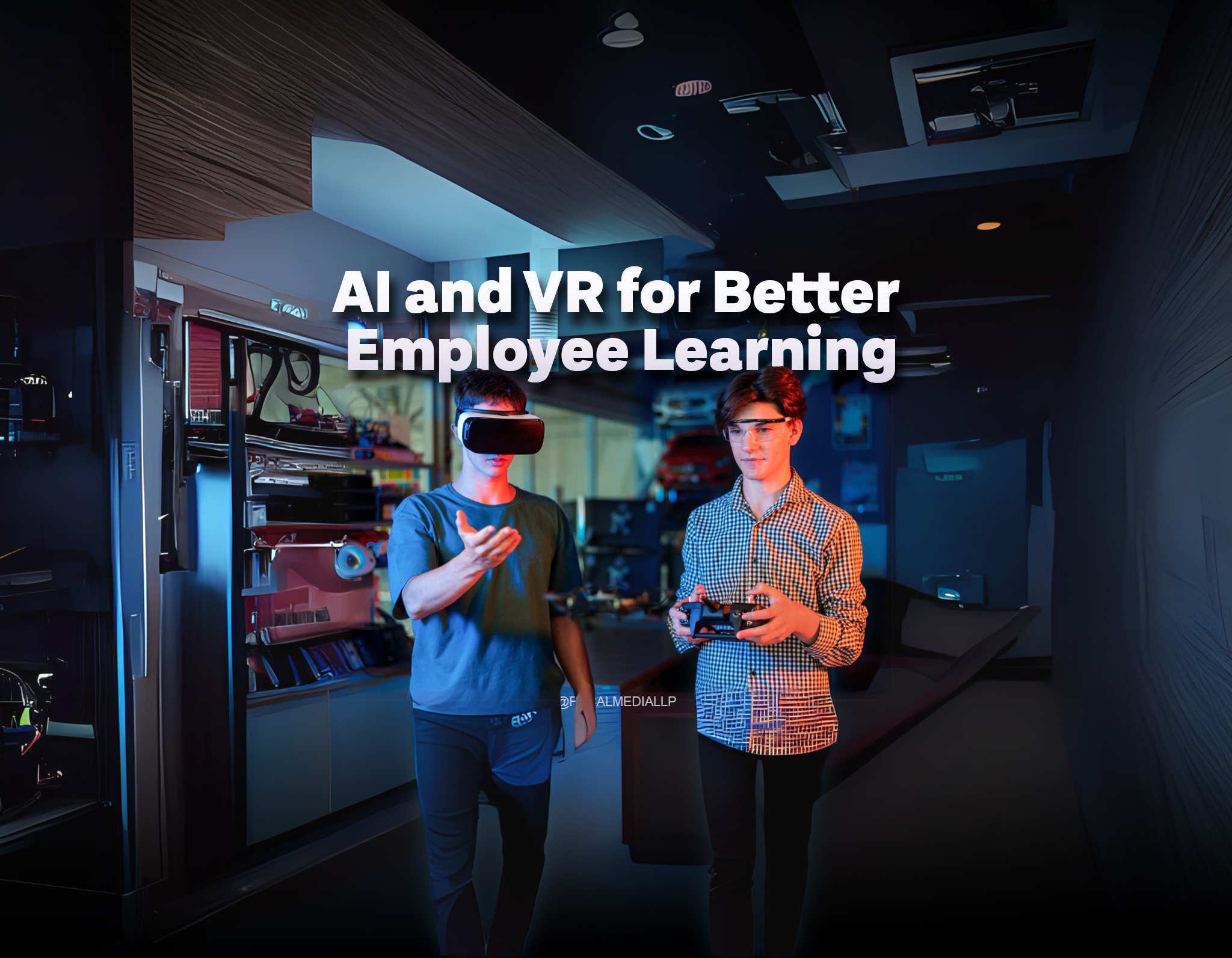 In a cutting-edge technical training facility bathed in cool blue lighting, two employees engage in an immersive virtual reality training session. One participant, wearing a full VR headset, gestures confidently as he navigates through a virtual simulation, his movements suggesting deep interaction with unseen digital elements. His colleague stands nearby in a checkered shirt, holding a controller while wearing augmented reality glasses, providing real-time guidance and monitoring the training progress. The high-tech environment features specialized equipment and digital displays visible in the background, creating a futuristic workspace where traditional learning boundaries dissolve. This scene captures the evolution of workplace education, where hands-on virtual simulations allow for risk-free skill development, immediate feedback, and accelerated learning curves-transforming complex technical training into an engaging, efficient experience that bridges theoretical knowledge and practical application.