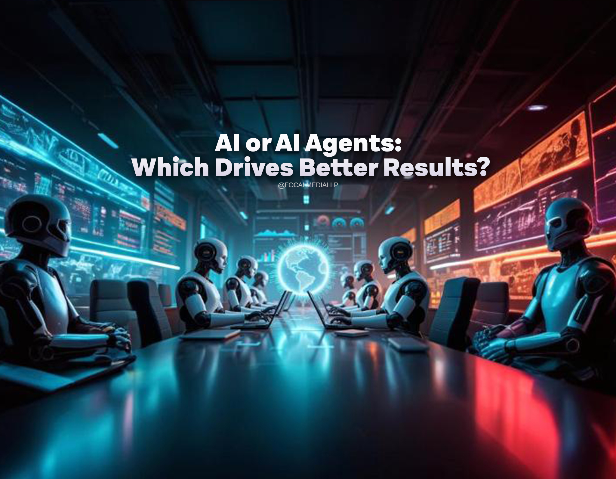 A visually compelling digital illustration for the topic 'AI Agents: Which Drives Better Results?'. The scene should depict a dynamic competition between two approaches. On one side, visualize advanced humanoid android robots AI Agents working collaboratively in a futuristic lab, surrounded by holographic displays of complex data, neural network visualizations, and interactive simulations. Each robot should be specialized for a different task, emphasizing teamwork and adaptability. On the other side, represent traditional AI as a powerful, glowing core of interconnected data streams and algorithms, emanating from a central server. Use contrasting color schemes to differentiate the two—perhaps cool blues and greens for AI and warm oranges and purples for AI Agents. Include elements like progress bars, performance metrics, and success indicators to visually communicate the idea of 'better results'. The overall composition should convey a sense of innovation, competition, and the potential for AI Agents to outperform traditional AI through synergy and specialized skills.