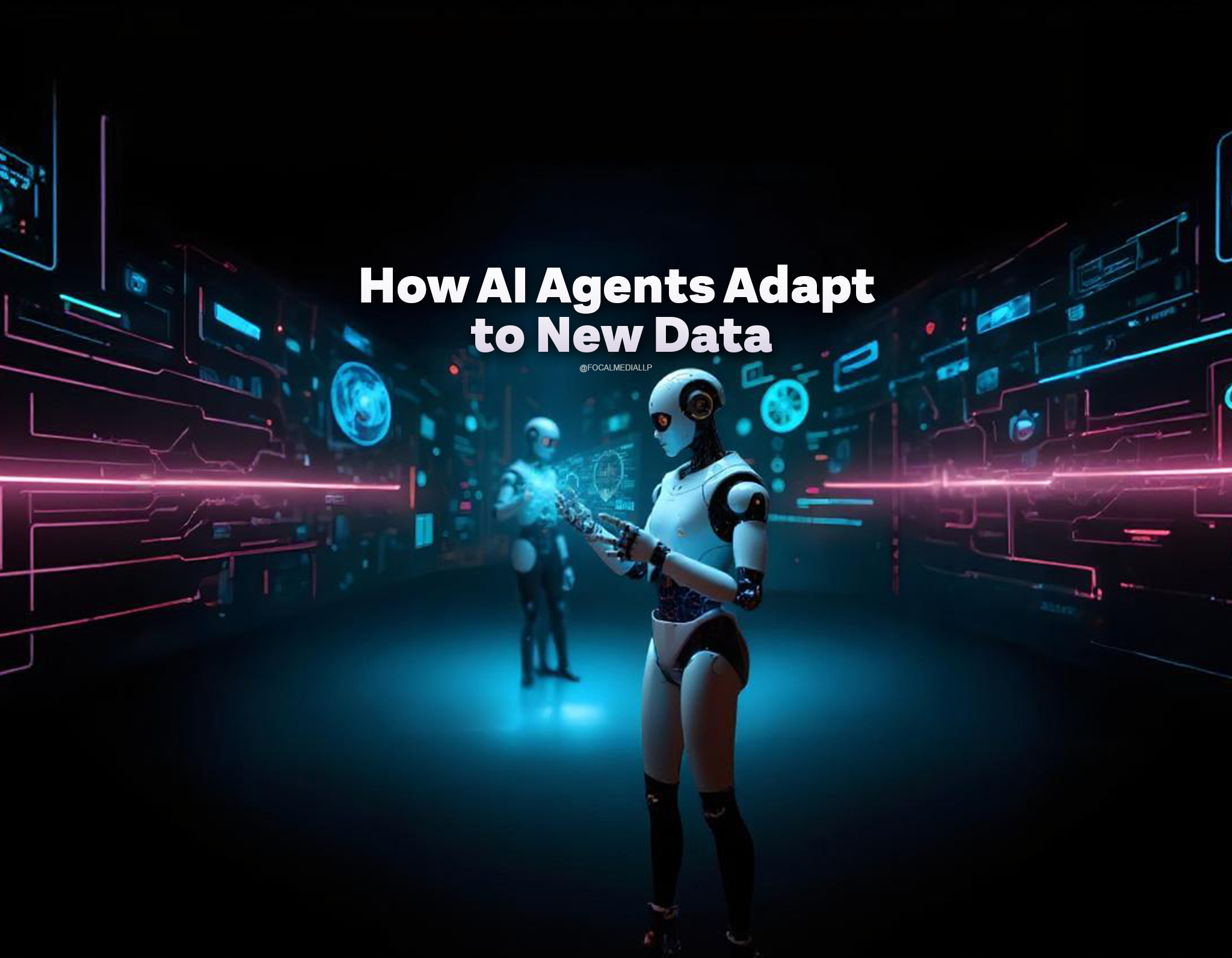 A cinematic digital artwork showcasing humanoid android robots representing AI agents in a futuristic setting. The scene should emphasize the process of data absorption and adaptation. Visualize the androids surrounded by dynamic streams of glowing data lines, intricate mind maps, and holographic charts, symbolizing real-time data processing. Use a dark, high-tech environment with vibrant neon hues (blue, green, and purple) to highlight the contrast between the robots and their surroundings. The androids should appear engaged in absorbing and analyzing the data, with their eyes or hands glowing to indicate interaction. Incorporate elements like floating screens and abstract neural network patterns to reinforce the theme of intelligent learning and adaptation.