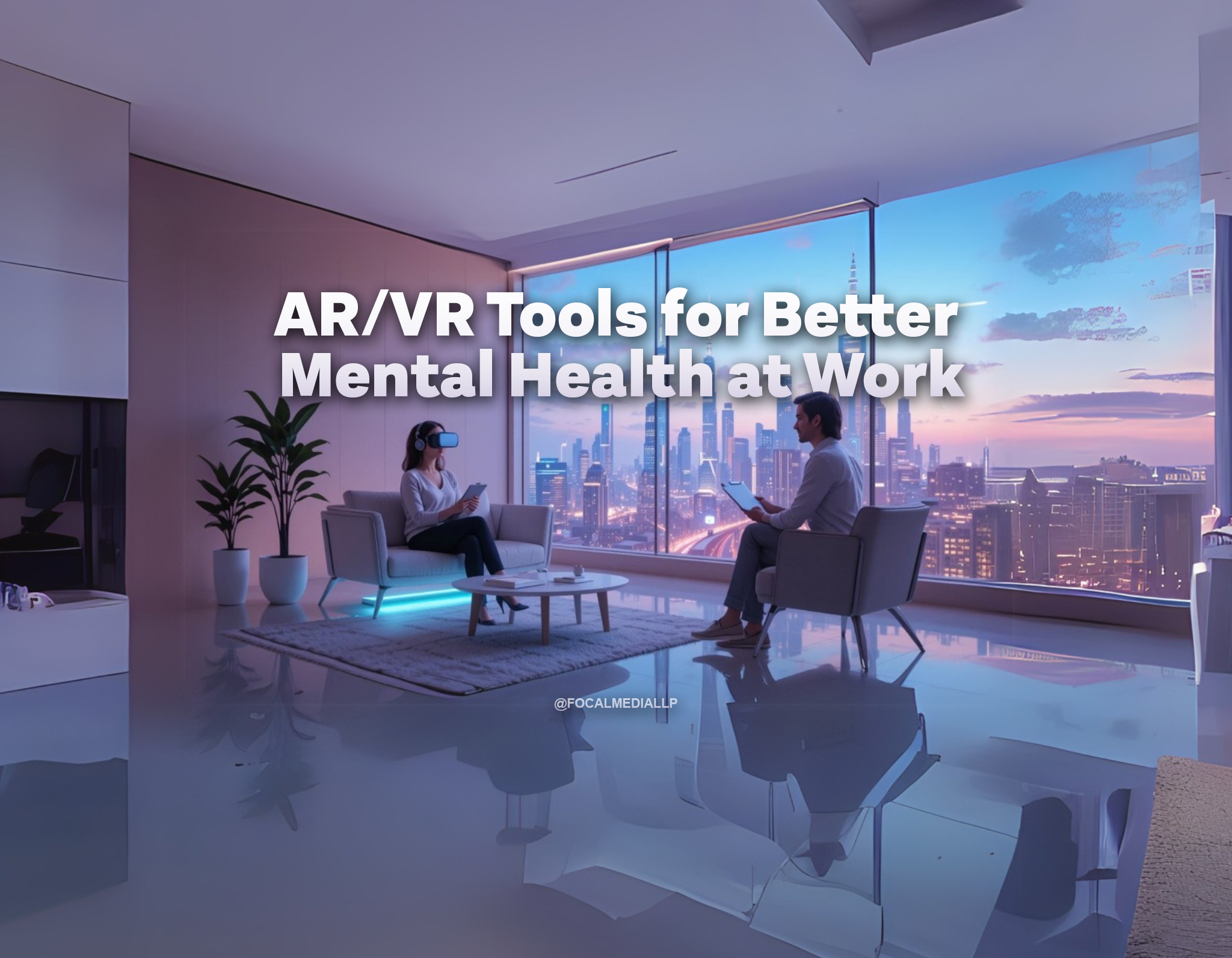 Transform the therapy session scene into a serene, uplifting, and futuristic environment inspired by a bright, calming take on a cyberpunk cityscape at dusk. Show a woman wearing a VR headset and headphones, comfortably seated on a modern, minimalistic couch, facing a friendly therapist with a clipboard and pen. Replace the plain background with a panoramic view of a luminous city skyline, where tall skyscrapers and gentle digital holograms glow softly in pastel blues, lavenders, and gentle pinks, creating a tranquil, dreamlike atmosphere. Bathed in soft, cool-toned light, the subjects and furniture are subtly illuminated by the soothing neon hues from the city beyond, with reflections that feel gentle and inviting. The furniture should have clean, elegant lines, and the environment can include delicate holographic or digital accents—like softly floating data streams or gentle ambient glows—to enhance the peaceful, high-tech ambiance. The overall composition should evoke a sense of comfort, relaxation, and optimism, blending advanced technology with a warm, cinematic calm that highlights both the intimacy of the therapy session and the expansive, hopeful world outside.