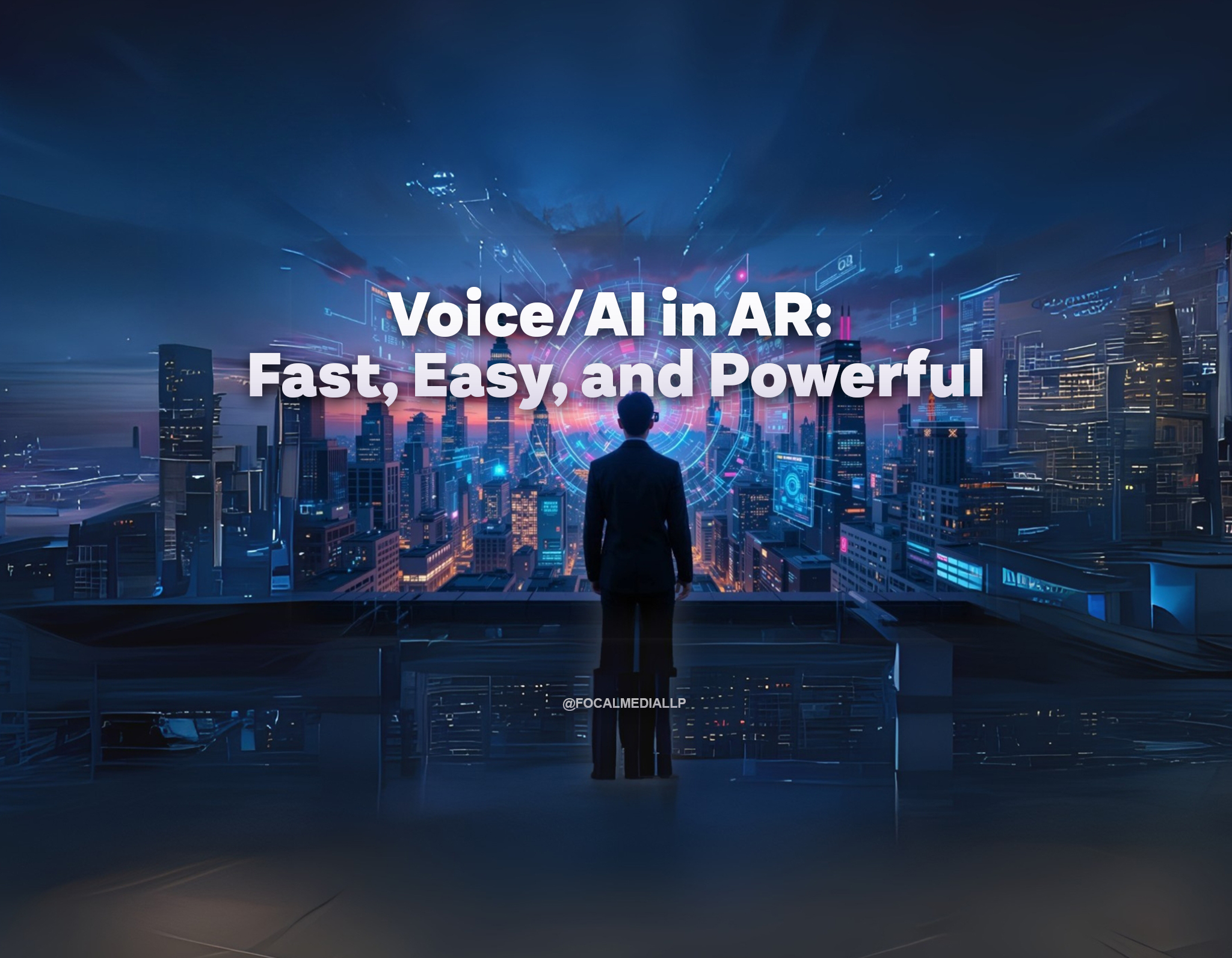 A futuristic cityscape at twilight, filled with holographic AR interfaces and data streams. A person wearing AR glasses is standing on a rooftop, silhouetted against the vibrant skyline. Emanating from the glasses and weaving into the AR environment is a stylized representation of sound waves/vocalizations. The blog title, ""Voice AI in AR,"" is subtly integrated into a holographic sign on a nearby building, appearing as part of the tech UI within the AR overlay. The overall color palette is a blend of neon blues, purples, and oranges, conveying a sense of technological advancement and immersion. Imagine a technician repairing complex machinery while using AR glasses to view schematics and instructions. Voice AI allows them to access information, record observations, and control the AR interface without interrupting their work.