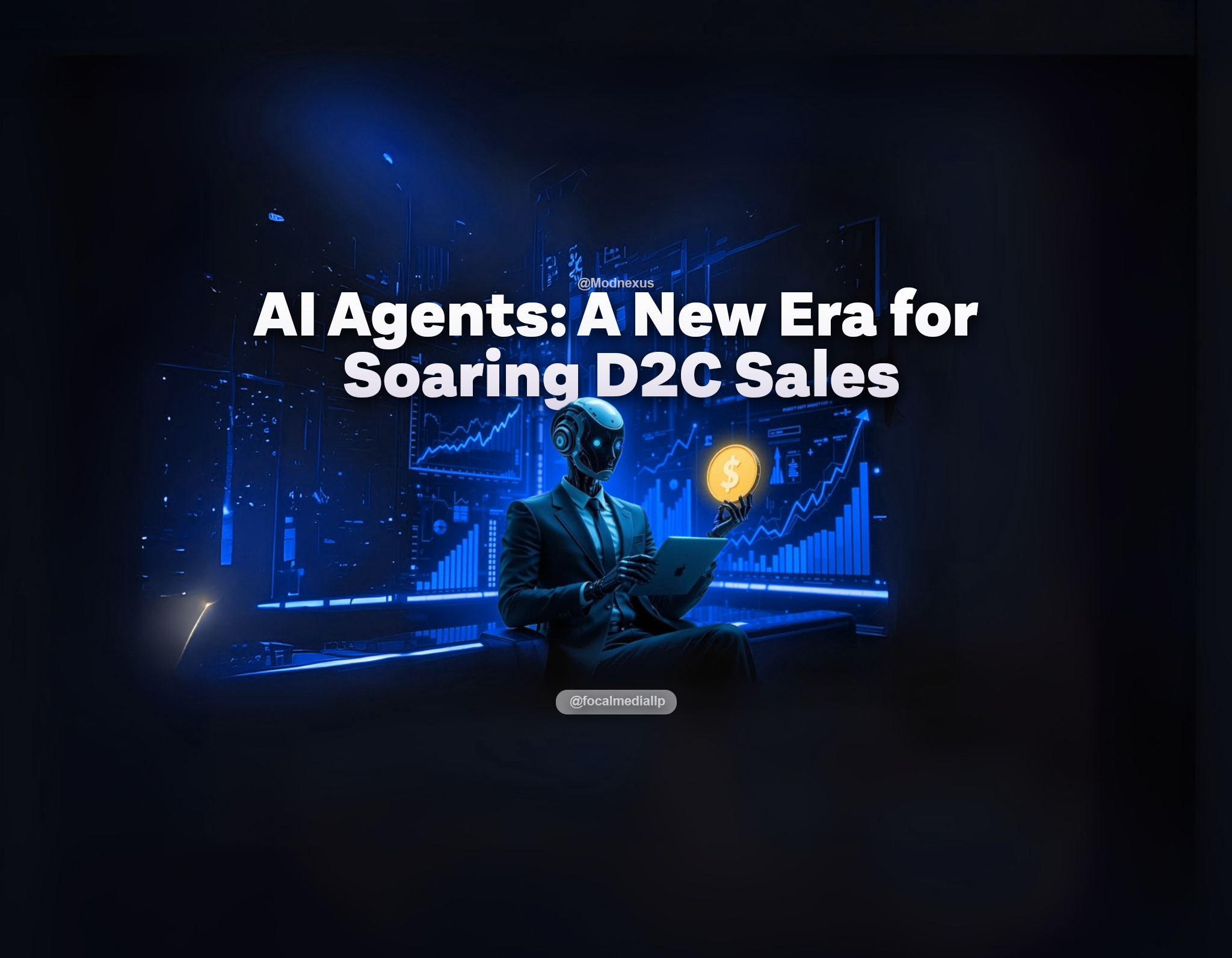Create a sophisticated, futuristic illustration in the visual style, color palette, and atmospheric tones of the attached images—characterized by cool, deep blues, subtle neon accents, and a sleek, high-tech ambiance. The scene features a professional AI agent, designed as a humanoid robot with friendly, expressive features, dressed in a sharp business suit. The AI agent is seated or standing confidently, holding a digital tablet in one hand and a large gold coin with a dollar sign in the other, symbolizing financial success. Surround the agent with dynamic D2C (Direct-to-Consumer) sales graphs and financial growth charts, rendered as holographic or digital overlays. Incorporate upward-trending line graphs, bar charts, and digital interface screens, all glowing with blue and cyan highlights, to echo the clean, geometric, and immersive digital aesthetic