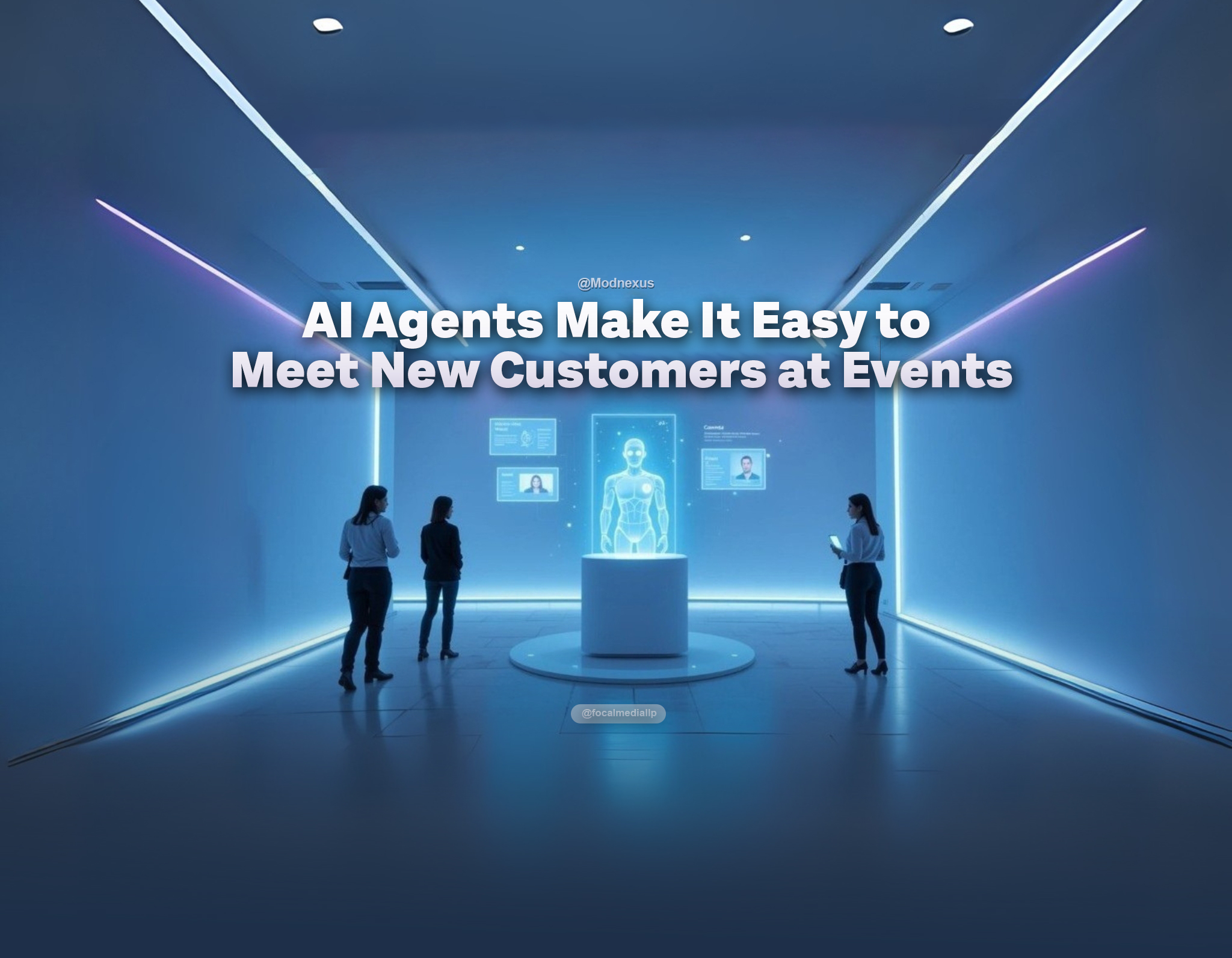 A sleek, minimalist event space illuminated by cool blue and purple ambient lighting, accented with discreet neon highlights and a few polished glass or metallic elements reminiscent of the first attached image. The environment is open and uncluttered, with clean architectural lines and minimal background distractions, allowing the main interaction to stand out. At the center, a single luminous holographic AI agent—modeled after the robotic androids from the second attached image (smooth white surfaces, digital panels, intelligent features)—floats just above a streamlined digital networking kiosk. The agent emits a gentle, welcoming neon glow, projecting an approachable presence. Surrounding the AI agent, only a handful of translucent 3D holographic displays hover: one or two interactive guest profile tiles, a compact event agenda, and a single animated visual cue (such as a softly-glowing line or icon) connecting two matched professionals. One attendee approaches and interacts with the AI and holographic elements while another, holding an event badge, is subtly guided toward them by the AI’s cue. The space includes a small, unobtrusive digital stat panel indicating new connections, keeping the scene focused, clean, and visually calm. The mood is innovative, approachable, and efficient—clearly illustrating how AI agents make networking and meeting new customers seamless and straightforward in a contemporary event setting, without unnecessary visual complexity.