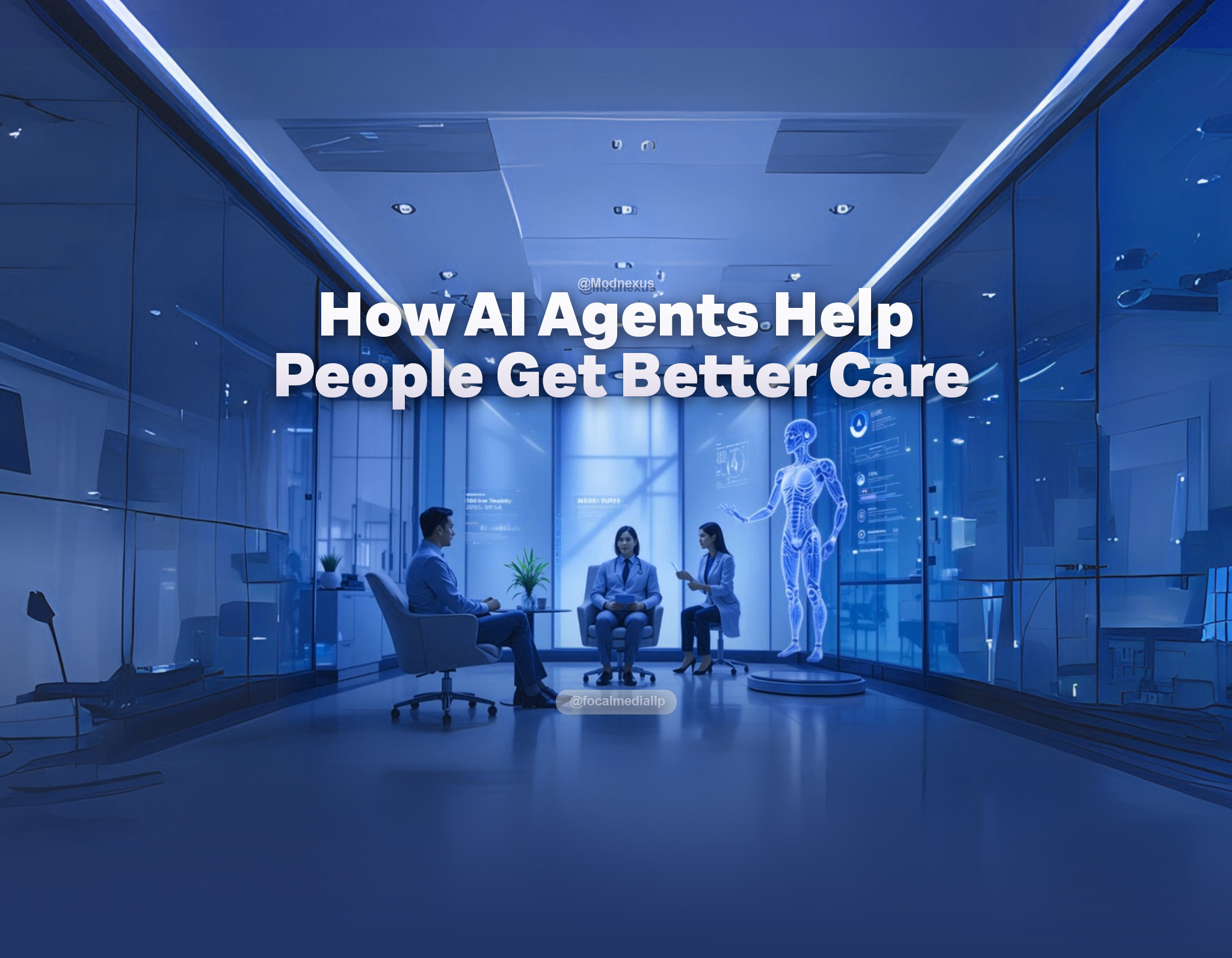 Picture a spacious, ultramodern consultation suite bathed in gentle teal and blue light, featuring expansive glass panels and metallic accent furniture. At the center, a patient sits at ease in an ergonomic chair. On one side, a soft-glowing, holographic humanlike AI agent hovers directly in front of the patient, offering gentle verbal assurance and displaying interactive health tips. Opposite the patient, a healthcare provider consults with a floating, more robotic AI hologram—its semi-transparent body pulsing with animated data streams as it presents analytics, recommends treatment adjustments, and highlights urgent health trends on a digital dashboard. The professional and both AI agents engage in cross-gestures, with the scene radiating the harmony of human empathy and AI intelligence in delivering highly personalized, connected care.