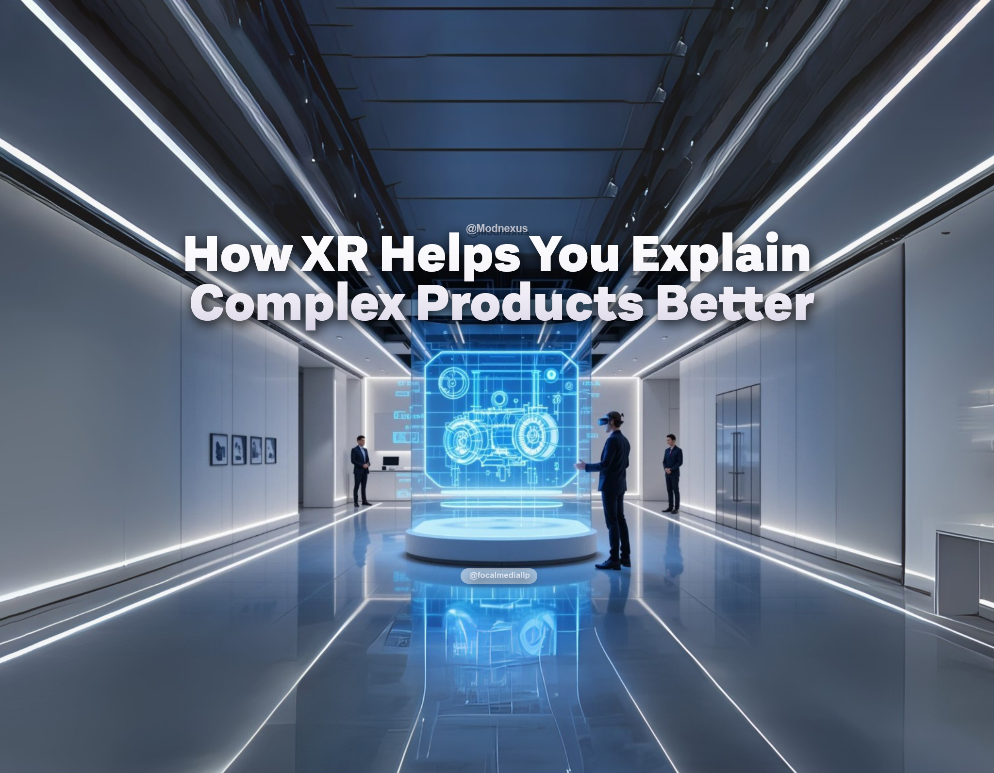 A sleek, futuristic corporate workspace with a minimalist design—featuring smooth polished floors, just a few understated glass panels, subtle metallic trims, and precise neon lighting inspired by the mood of the first attached image. The environment is serene, uncluttered, and open, drawing full attention to the advanced technology and the interaction at the center. At the core, an employee in an advanced XR (extended reality) headset engages with a large, vivid holographic display. This display projects an intricate 3D model of a complex product. Around the central hologram, minimalist yet vibrant holographic overlays appear: exploded views of parts, dynamic real-time data, precise annotations, and sleek interactive controls for zooming or rotating the product—all rendered in energetic, neon tech colors without any visual overcrowding. Nearby, another colleague stands behind a simple glass partition, observing and engaging in discussion, subtly conveying teamwork and support in this otherwise visually calm space. The whole setting emphasizes clarity, modernity, and innovation, illustrating how XR technology transforms the explanation and visualization of complex products—making technical information immersive, accessible, and collaborative in a clean, modern business environment.