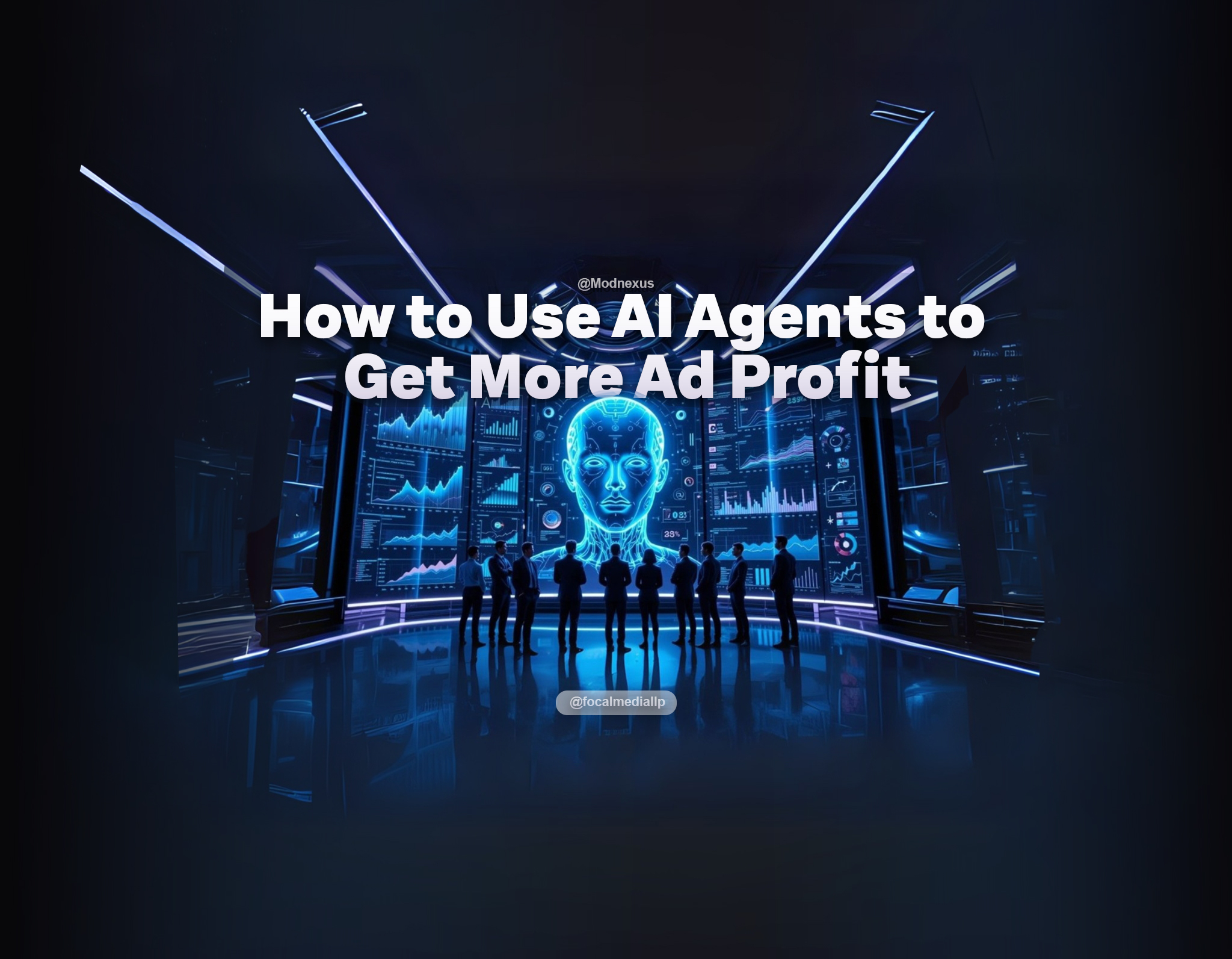 A sleek, futuristic digital marketing command center glows with cool blue and purple ambient lighting, reflective glass surfaces, and sophisticated metallic accents. At the center of a large, transparent digital screen, only the face of a robotic holographic android AI agent is visible—projected with a soft neon aura and serving as the digital focal point within the display. Surrounding the agent's face, vibrant holographic analytics visuals dominate the screen: upward-trending ad profit charts, real-time performance metrics, automated audience segmentation insights, predictive analytics, and budget optimization data. Animated data streams and glowing graphs flow upward and outward from around the AI face, visually representing growth, intelligence, and success in ad performance. A small group of marketing professionals stands closely nearby, fully engaged with the AI-led display. They focus intently on the expressive AI face and the dynamic, cascading analytics, interpreting insights and strategizing together. The overall mood is one of cutting-edge innovation and seamless human–AI collaboration, with the AI agent’s face anchoring the scene as the intelligent, trusted guide behind high-performance marketing results.