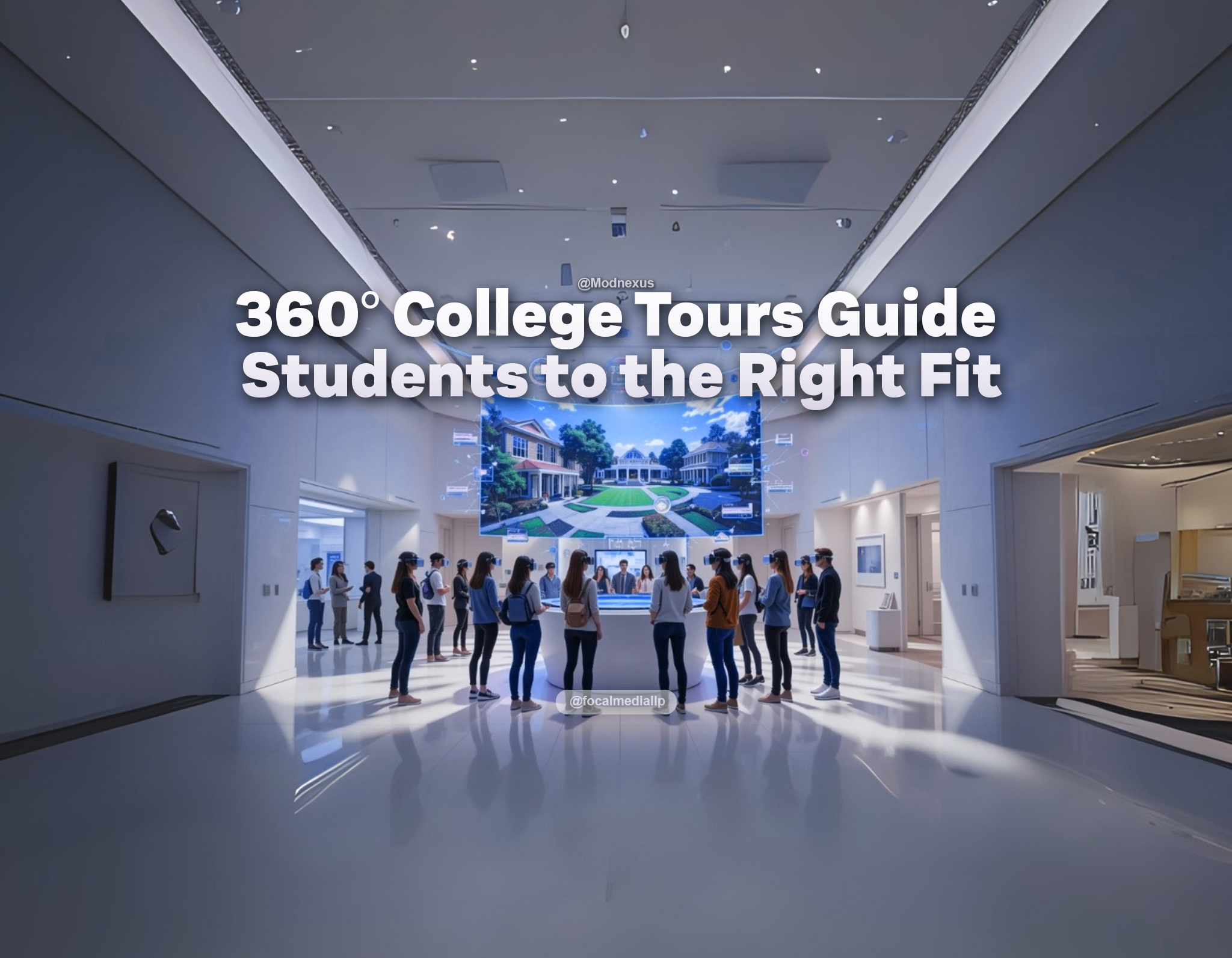A spacious, light-filled admissions lounge styled with smooth glass walls, clean white surfaces, and subtle pastel blue and violet accent lighting for a contemporary, calming feel. At the center, a group of prospective students gathers around a sleek digital kiosk or large curved screen, wearing lightweight VR headsets. Floating above the kiosk, a dynamic holographic interface plays a vibrant 360° college tour—revealing panoramic dorm rooms, bustling common areas, specialty labs, and campus greens in high-resolution. Interactive neon icons highlight tour hotspots and quick facts about programs, clubs, and amenities. Animated data streams visually connect campus highlights to students' personalized interest tags hovering around them. A minimal, open background ensures all attention stays on the immersive digital journey, with crisp light reflections casting on the floor and walls. The mood is innovative, inclusive, and visually inspiring—capturing how 360° college tours help guide students to their perfect-fit campus environment in a contemporary blended physical-virtual setting.
