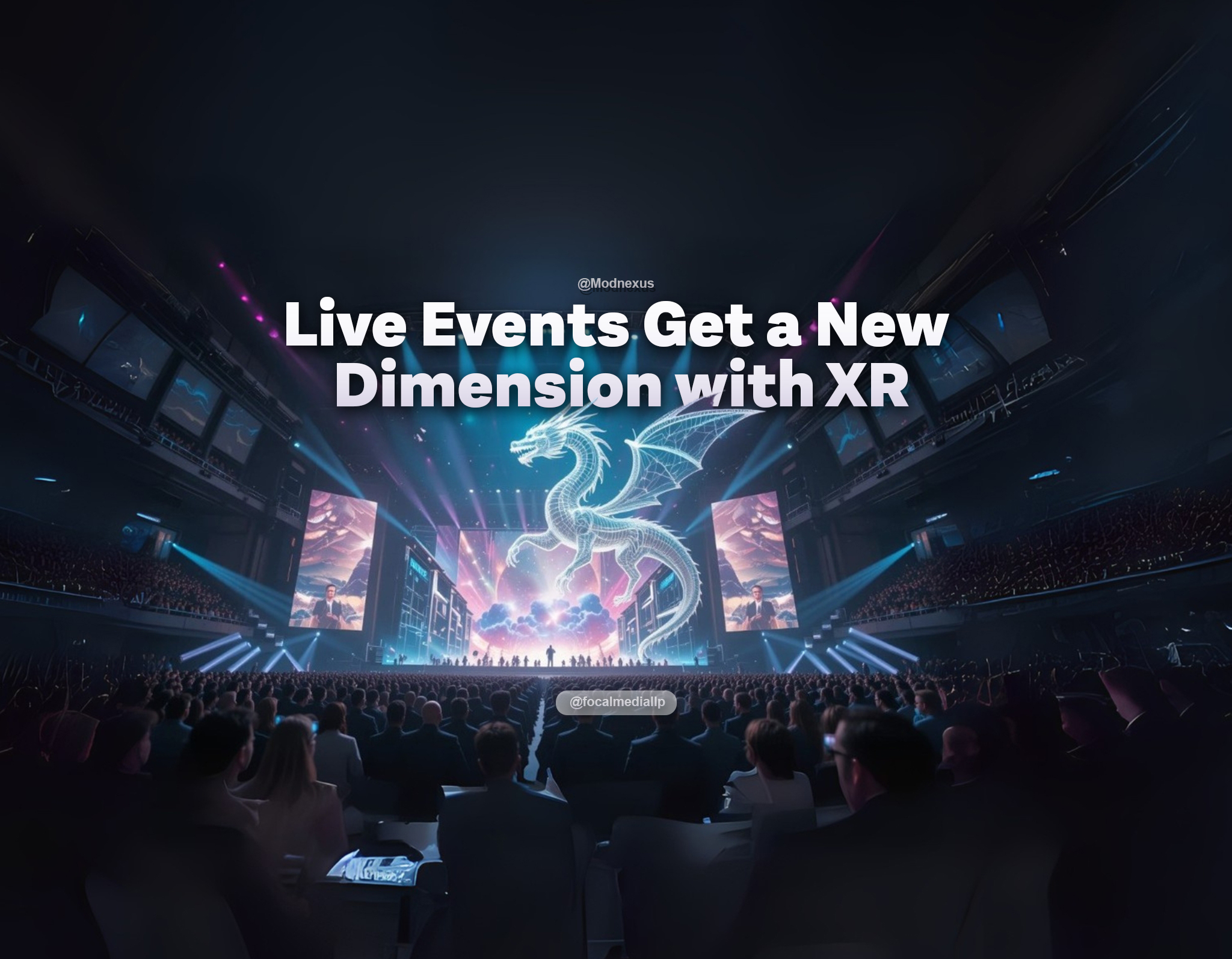 A breathtaking, cinematic 16:9 aspect ratio shot of a grand, futuristic live event. The scene is a seamless fusion of a bustling physical concert arena and a vibrant, evolving digital reality. In the foreground, a diverse audience, some subtly enhanced with glowing AR glasses, gazes upwards in awe. Above a vast, illuminated stage, a magnificent, ethereal virtual dragon made of shimmering light and complex data streams soars gracefully, interacting dynamically with holographic projections of a musical performance and intricate 3D data visualizations. Digital light trails and glowing geometric energy flows burst from the stage, extending into the audience, creating an immersive, multi-sensory experience. The background features a blurred, futuristic cityscape blending seamlessly with cosmic elements and nebulae, symbolizing global reach and new dimensions. The entire scene is bathed in a dramatic interplay of neon blues, purples, cyans, and magentas against deep, atmospheric shadows. Seamlessly integrated into the sky above the stage, as if part of the grand holographic projection, the blog title appears: **"Live Events Get a New Dimension with XR"** in a sleek, glowing, futuristic font. The overall mood is one of wonder, innovation, and boundless possibility. Hyper-detailed, volumetric lighting, photorealistic yet ethereal, high resolution, 1920x1080.