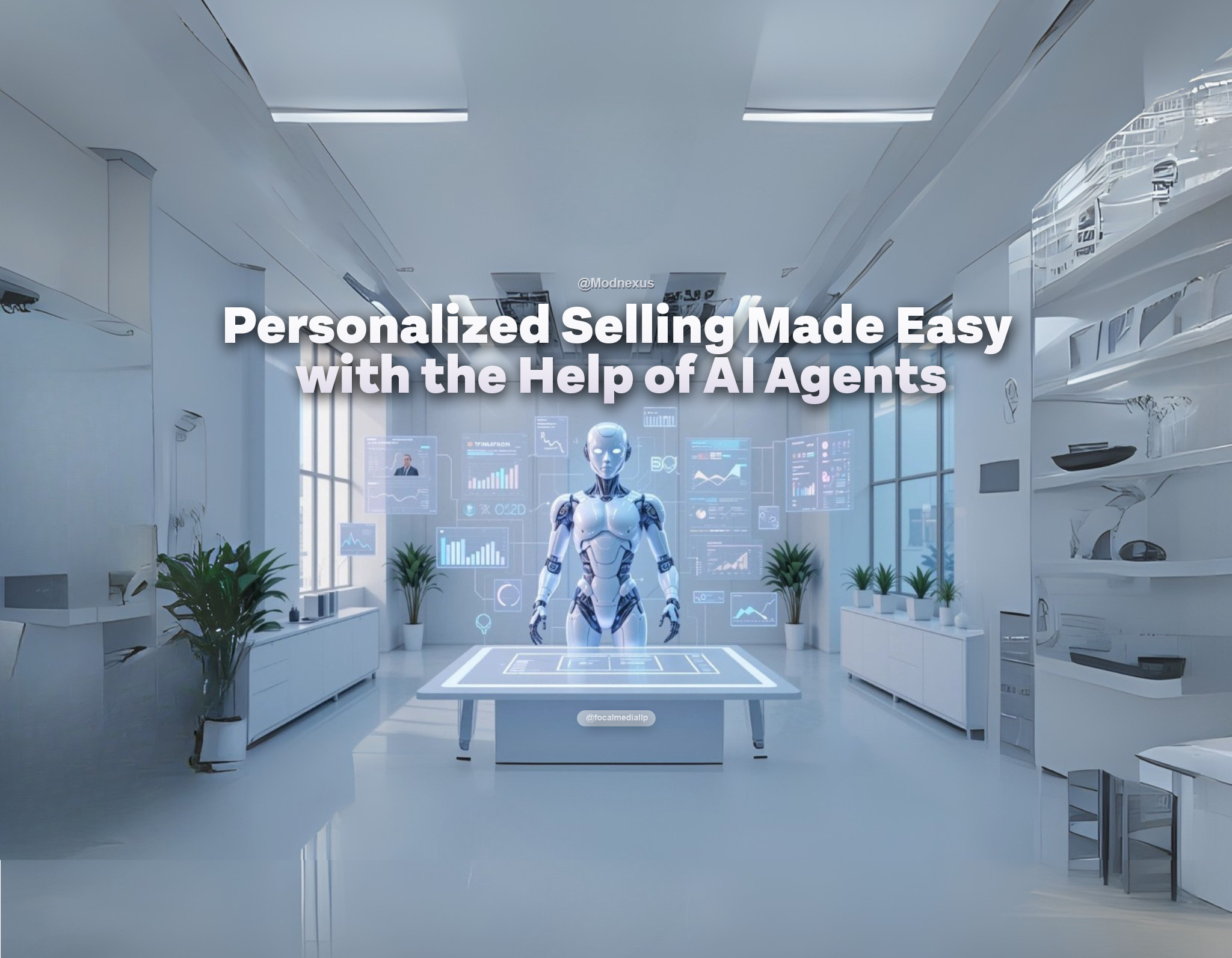 A bright, ultra-minimal sales office is filled with soft, diffused natural light and gentle pastel blue and lavender hues, creating a serene, open, and uncluttered space. Smooth white walls, simple glass surfaces, and occasional metallic touches keep the setting airy and modern. At the heart of the scene, a sharply dressed sales professional engages with a highly realistic, 3D-rendered AI agent—an android humanoid robot. The AI agent features natural human proportions, detailed facial expressions, smooth white and chrome surfaces, and softly glowing, illuminated digital panels, radiating intelligence and calm. The android hovers just above a clear, minimalist digital desk. Just above the desk and around the agent, several translucent, floating holographic panels display prominent analytical visualizations: animated bar graphs, glowing analytics dashboards, and clear at-a-glance insights. Each data element uses vibrant yet pastel-inspired neon lines and blocks, blending seamlessly with the soft lighting. Animated pastel data streams gracefully connect the analytics to the agent, the professional, and a few additional insights—like a personalized customer profile and a prioritized shopping list. A single, sleek dashboard summarizes key sales performance metrics, all with prominent but non-intrusive bar graphs. Softly glowing icons next to the panels highlight quick actions—such as sending an instant chat or sharing a demo—while maintaining a clutter-free look. The overall scene is light, calming, and focused on the transformative impact of analytics-driven, AI-powered personalization in sales, with the visually compelling, realistic android agent serving as the innovative centerpiece.
