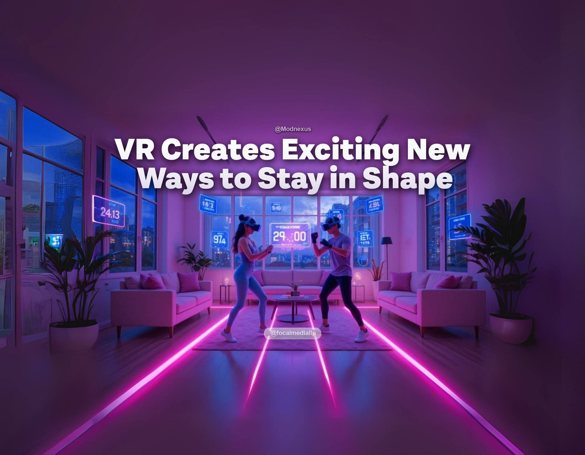 A bright, modern living room with large windows and minimal furniture, glowing with pastel neon strips along the floor. In the cozy center, two friends face each other in VR headsets—one dances to a virtual rhythm workout, while the other boxes with a gamified virtual trainer. Floating holographic scoreboards and animated calorie counters pop up around them. Subtle motion trails and iridescent light patterns track their movements, reinforcing the idea of fun, multiplayer fitness at home.
