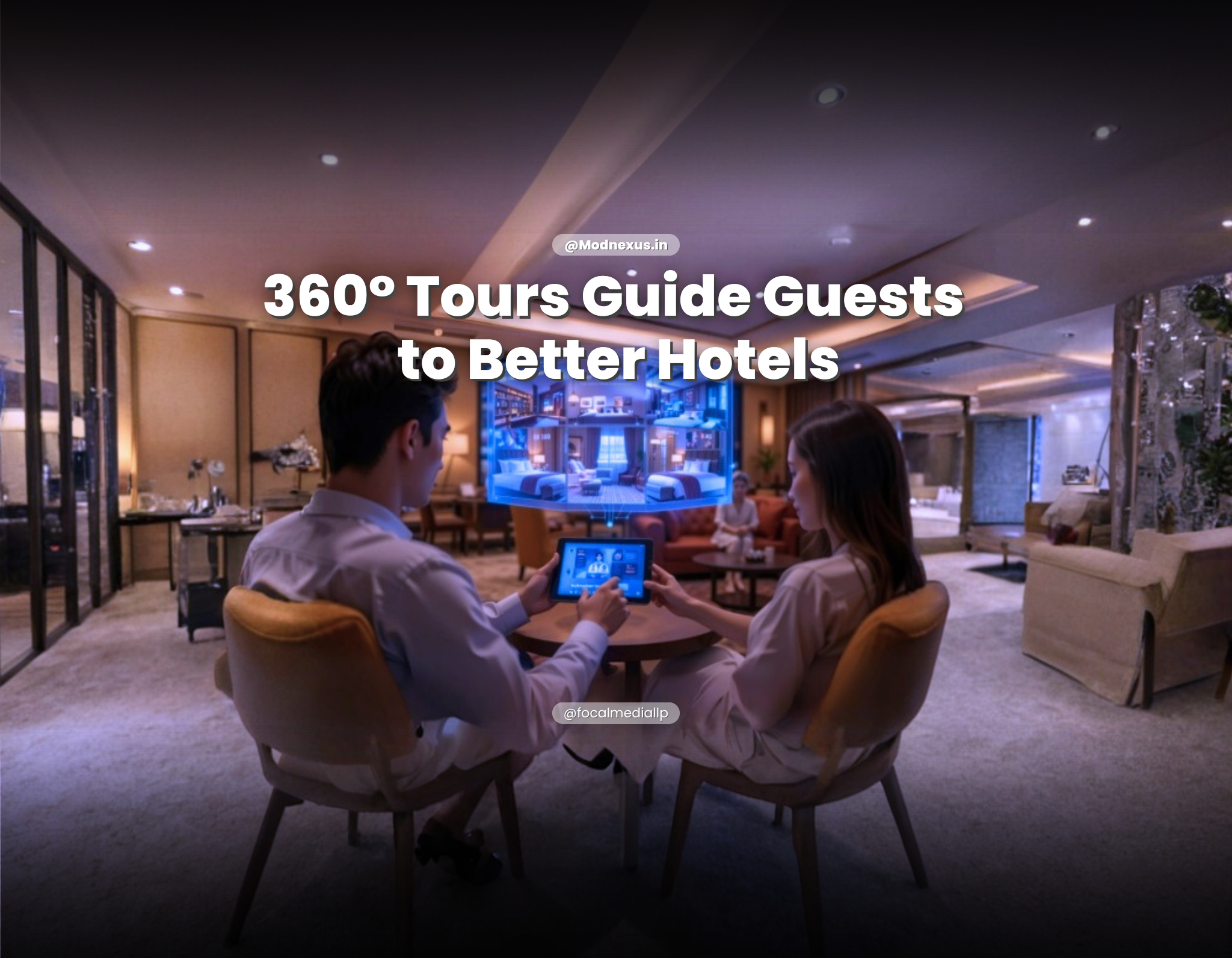 An intimate hotel lounge with warm, soft lighting, plush seating, and rich decor. A couple sits comfortably, using a tablet device to navigate an immersive 360° virtual tour of hotel rooms and facilities displayed floating above the screen as a rotating hologram. Nearby, a small, friendly AI agent avatar animates, pointing out detailed room features, service highlights, and personalized recommendations. The close composition and warm tones evoke a personalized, reassuring hotel booking experience.