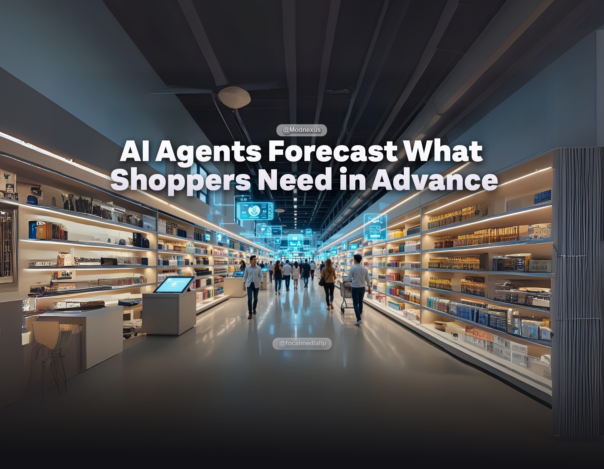 A bright, modern retail store with sleek shelves and interactive kiosks, bathed in natural and ambient lighting. Shoppers move through the aisles, each accompanied by a luminous, holographic AI agent bot icon that hovers nearby. These AI bots display floating, interactive panels unique to each shopper, predicting likely upcoming purchases: size recommendations, bundle deals, personalized shopping lists, and timely product suggestions based on preferences and browsing habits. The bots visually interact with AR displays embedded in shopping carts and shelves, projecting their tailored advice directly to individual consumers. Animated predictive data streams and intuitive icons connect the shoppers, products, and AI bots, creating a dynamic, futuristic environment that demonstrates how AI agents anticipate and fulfill consumer needs in real time for an optimized, personalized shopping journey.