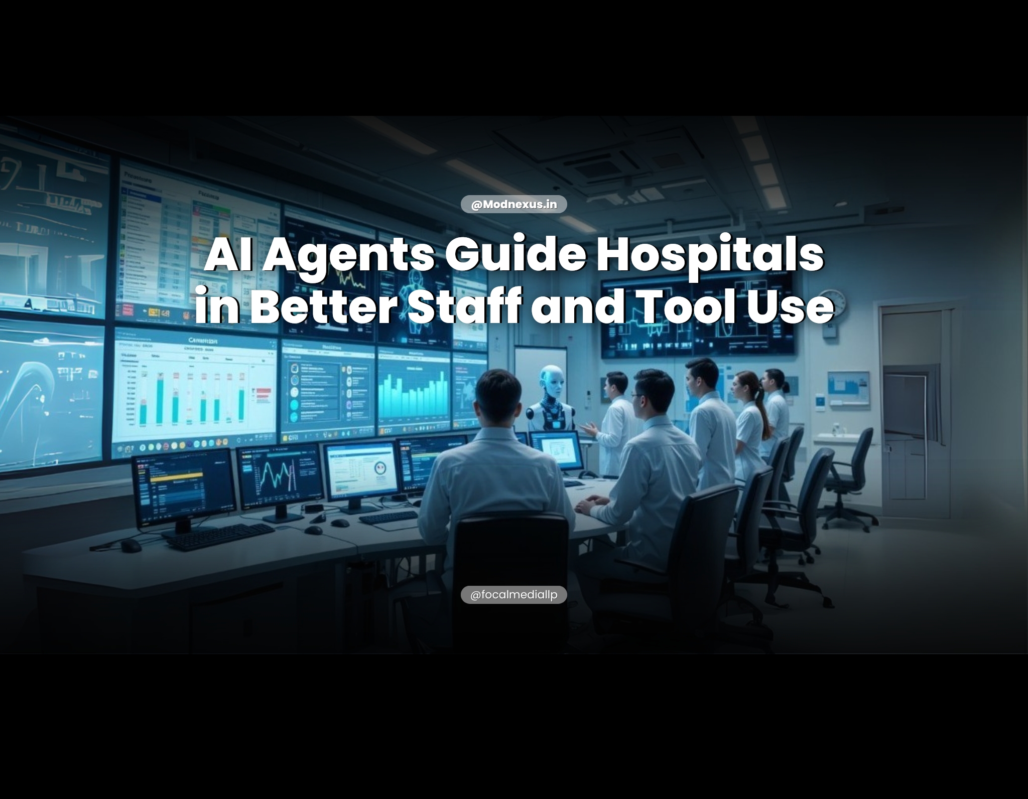 A bright, clean hospital control room with large digital dashboards displaying staff schedules, equipment usage, and real-time patient flow analytics. A team of hospital administrators collaborates closely with holographic AI agent avatars that help monitor and optimize staff allocation and medical tool availability. Animated data streams and alerts connect the AI agents to various departments, emphasizing precise coordination. The surrounding environment is modern, tech-forward, and professional, showcasing AI’s role in enhancing hospital efficiency and patient care.