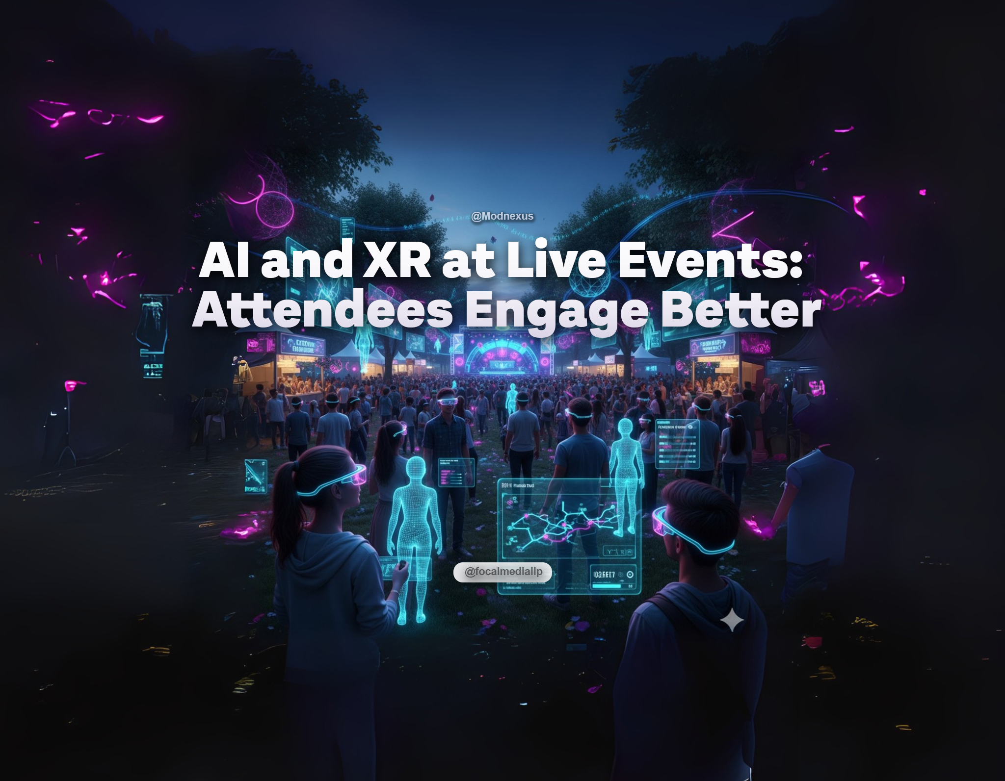 A futuristic outdoor festival under twilight sky, with digital installations glowing across the park. Participants use XR glasses to access AR treasure hunts, instant friend-find features, and gamified challenges, all coordinated by floating AI avatars. Real-time engagement metrics, team rankings, and custom tips are projected in the participant’s field of view. The park environment is lively, playful, and tech-forward, showing how AI and XR transform attendee engagement at informal, high-energy live events.