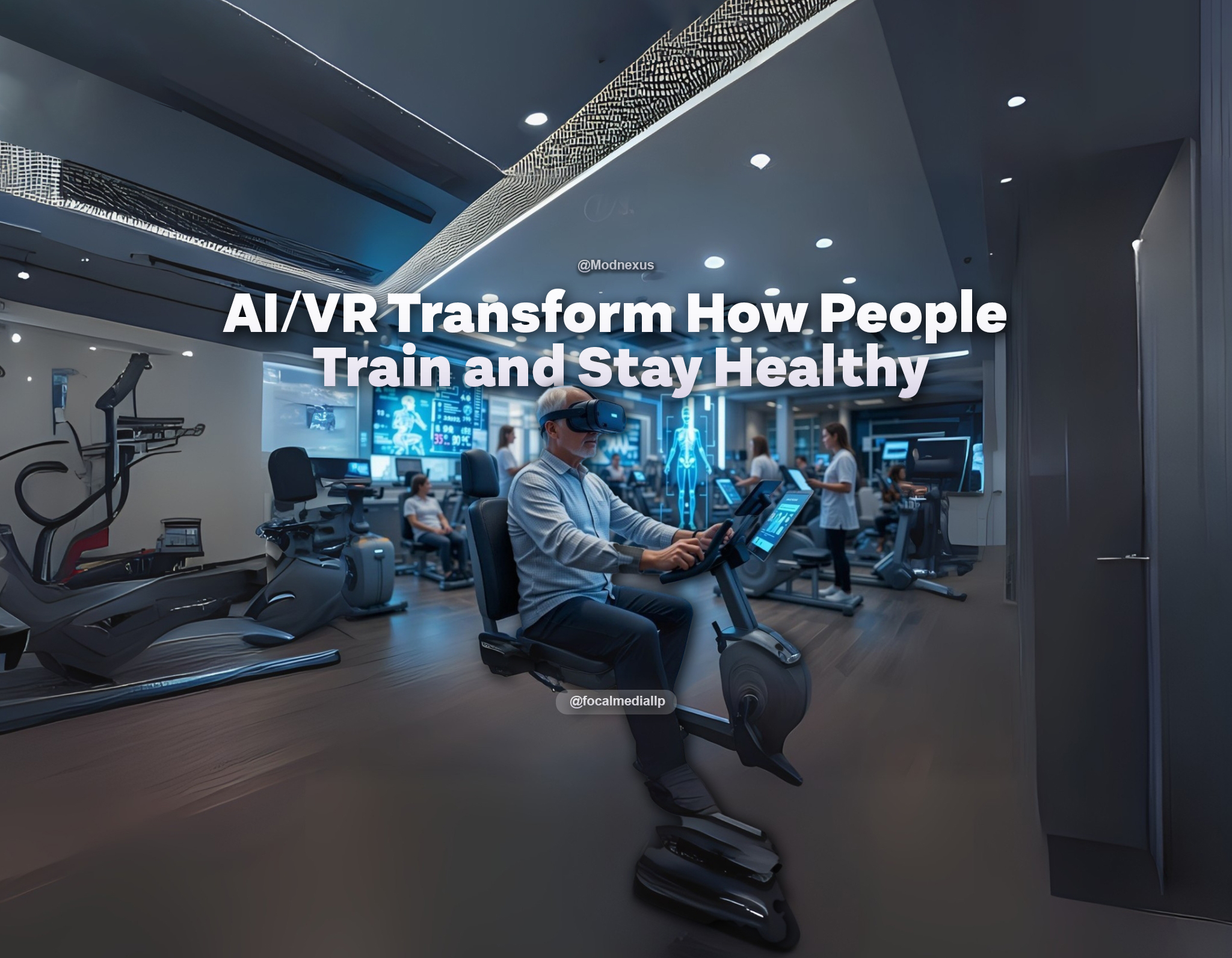 A bright, cutting-edge rehabilitation center filled with advanced fitness machines and multiple screens. In the foreground, an older adult uses a recumbent bike while wearing a VR headset, surrounded by softly glowing holographic displays that show AI-driven health stats—heart rate, muscle engagement, progress charts. A virtual AI trainer avatar floats beside the user, offering encouragement and live posture corrections. Physical therapists monitor the progress on tablets, reinforcing how AI + VR revolutionize therapy, rehab, and healthy aging.
