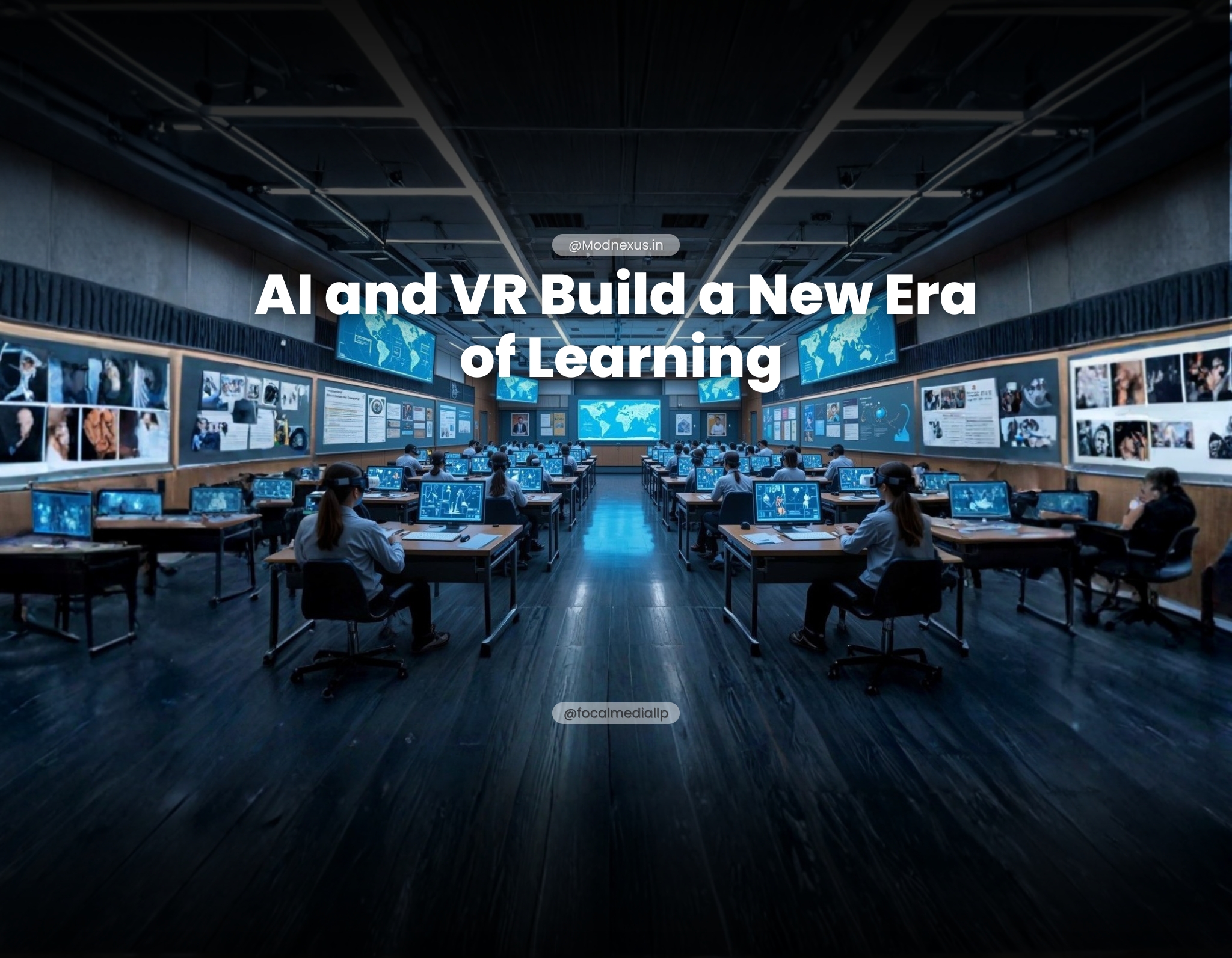 A technologically advanced, spacious classroom where students in school uniforms sit at interactive desks wearing VR headsets. Around each student, glowing AI avatars help explain lessons and facilitate teamwork on holographic virtual screens showing global maps, science diagrams, and interactive experiments. The environment includes smart boards and digital posters that seamlessly blend traditional learning with virtual elements, symbolizing the integration of AI and VR for active, collaborative education.