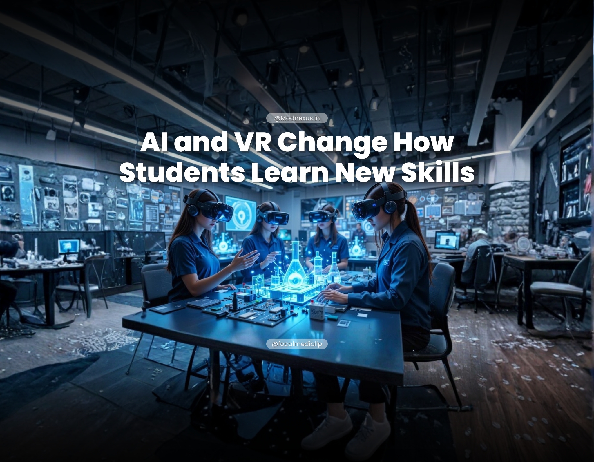 A modern tech lab scene with students in VR headsets manipulating 3D models and circuit boards within an immersive environment. Animated holographic AI instructors demonstrate practical skills—engineering, science experiments—or guide virtual hands-on workshops. The background features transparent screens displaying students’ progress, simulating a dynamic new era of digital skill mastery.