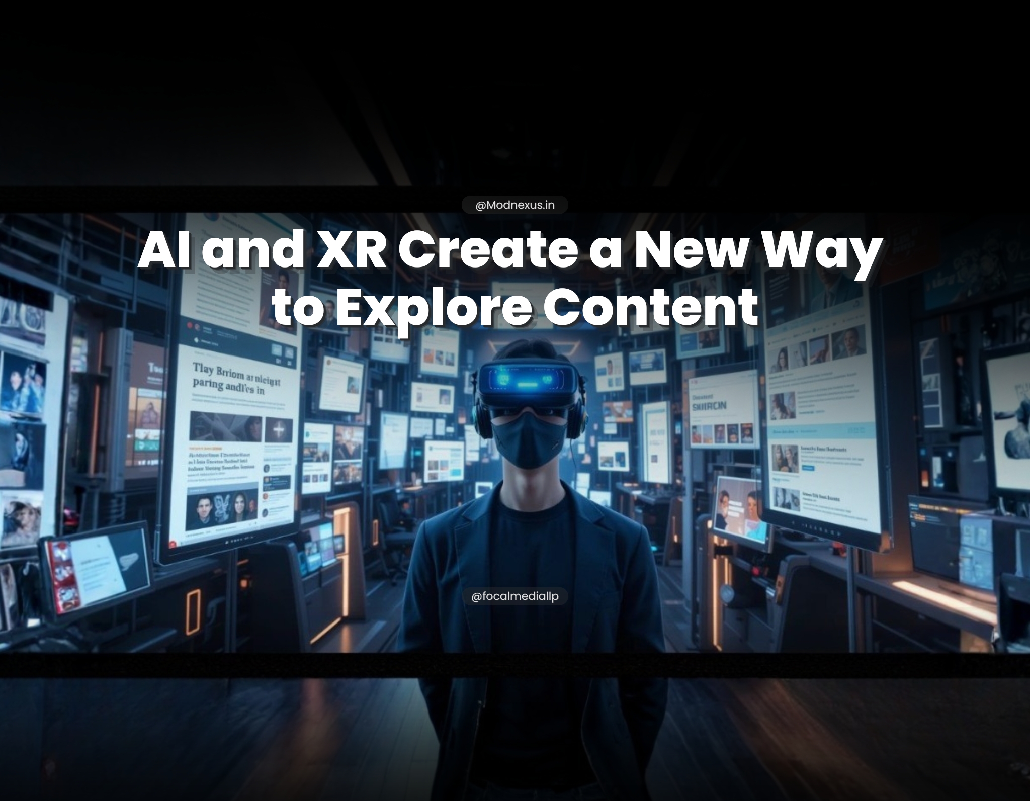 A futuristic room with a user wearing AR glasses, surrounded by floating holographic screens displaying diverse content—news articles, videos, 3D models, and social media feeds. Animated AI agent avatars assist by highlighting key points and recommending related topics. The room’s ambient lighting shifts with the interaction, emphasizing a seamless blend between physical space and digital content powered by AI and XR technologies.