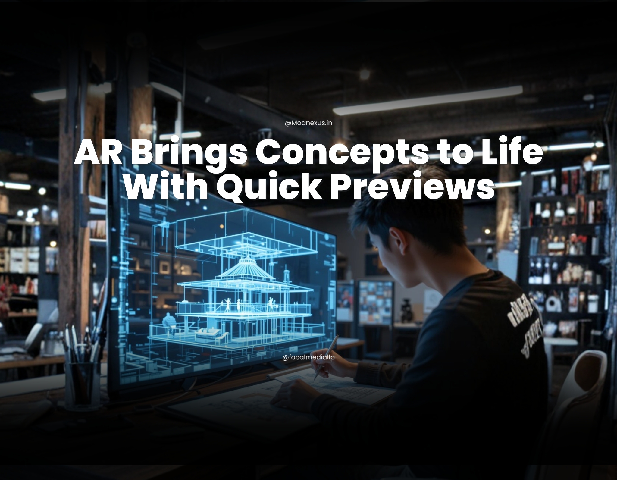 Designer reviewing a holographic AR 3D architectural building model for rapid concept previewing using augmented reality
