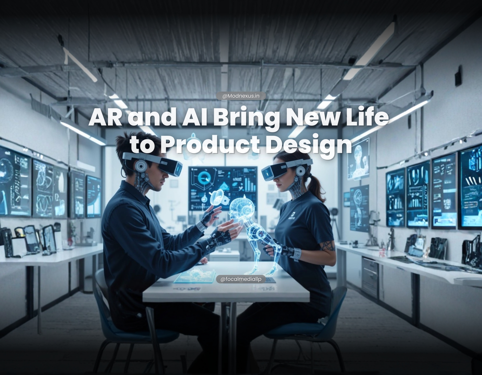 Two product designers wearing AR headsets collaborating on a holographic 3D product model using augmented reality and AI in a design lab