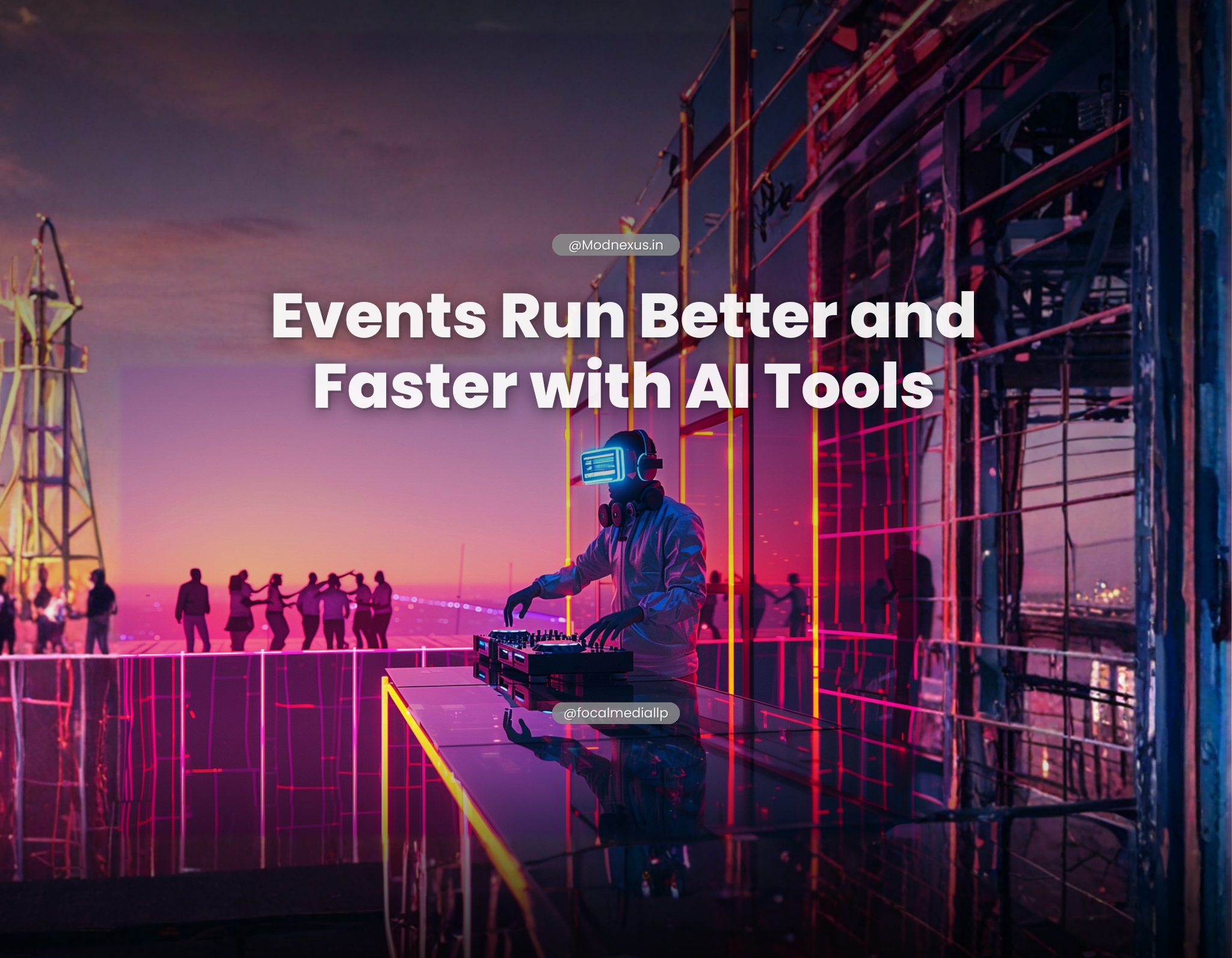 AI-powered DJ with smart display helmet performing at a futuristic outdoor event showcasing AI tools for faster smarter event management