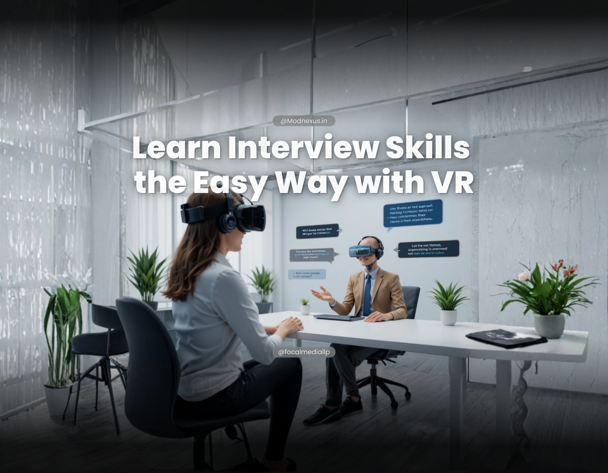Job candidate wearing VR headset practising interview skills with an AI interviewer in a simulated office environment