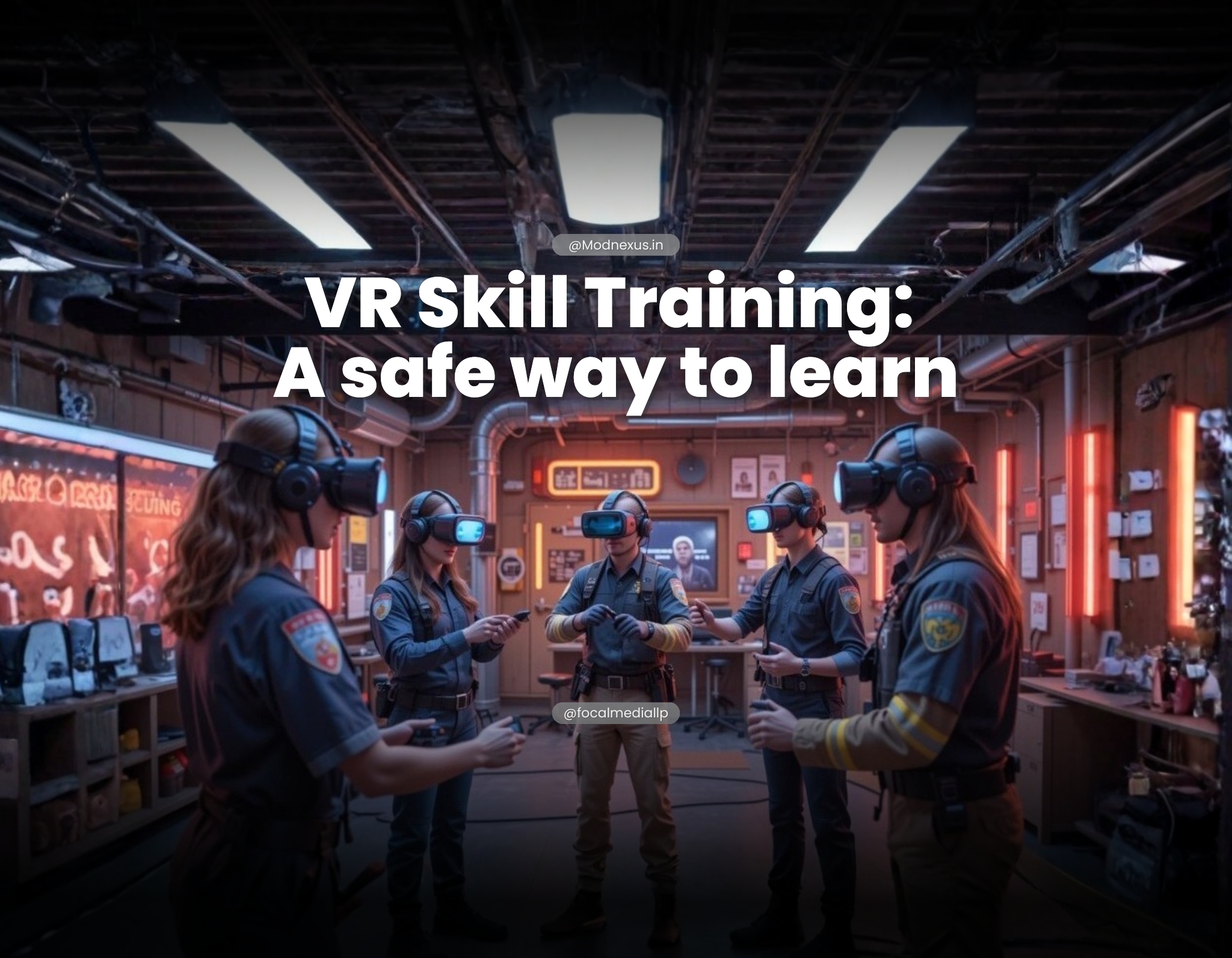 Emergency response team wearing VR headsets during immersive skill training simulation in a safe virtual environment