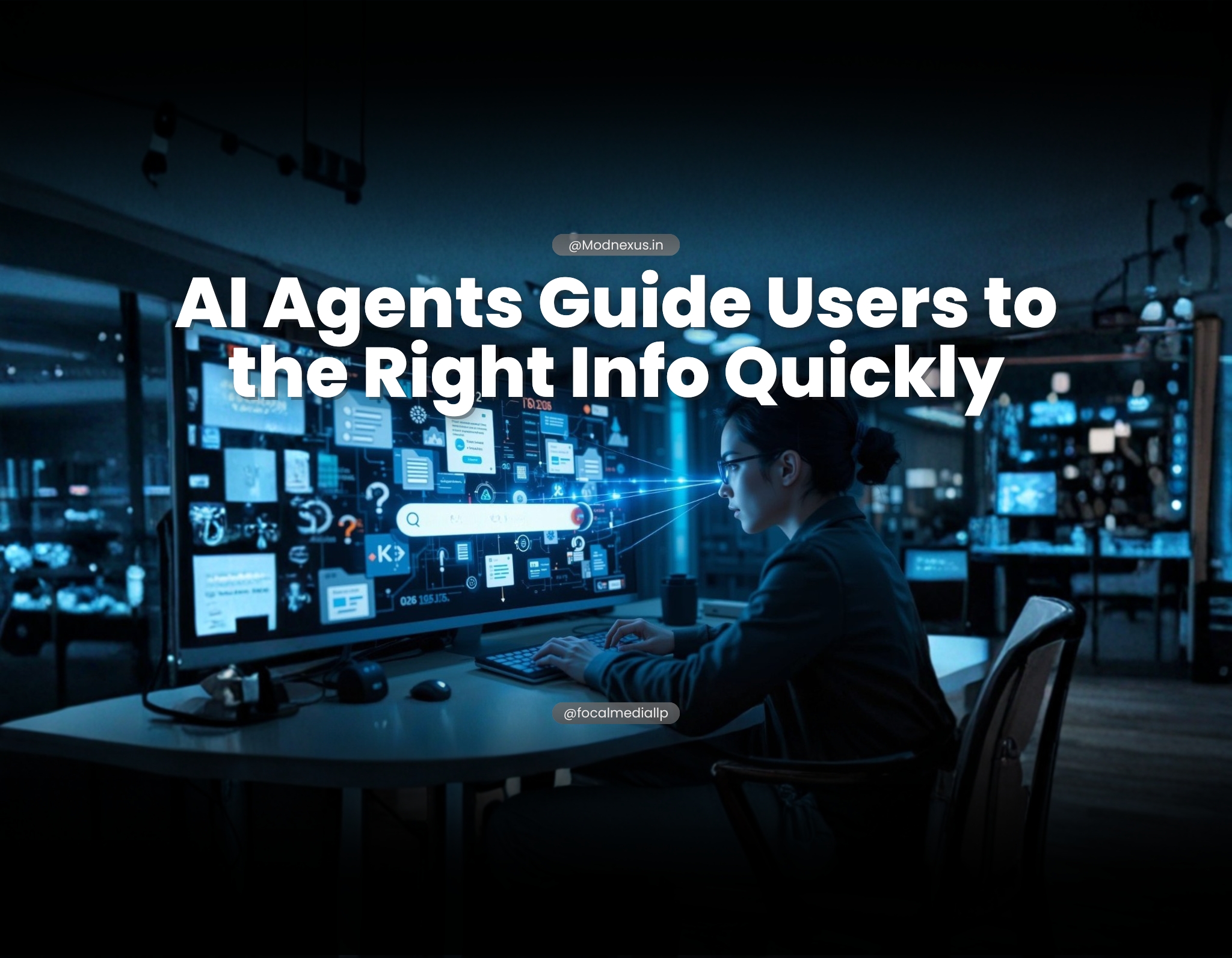Professional using AI agent to instantly navigate a vast information dashboard and retrieve the right data through intelligent search.