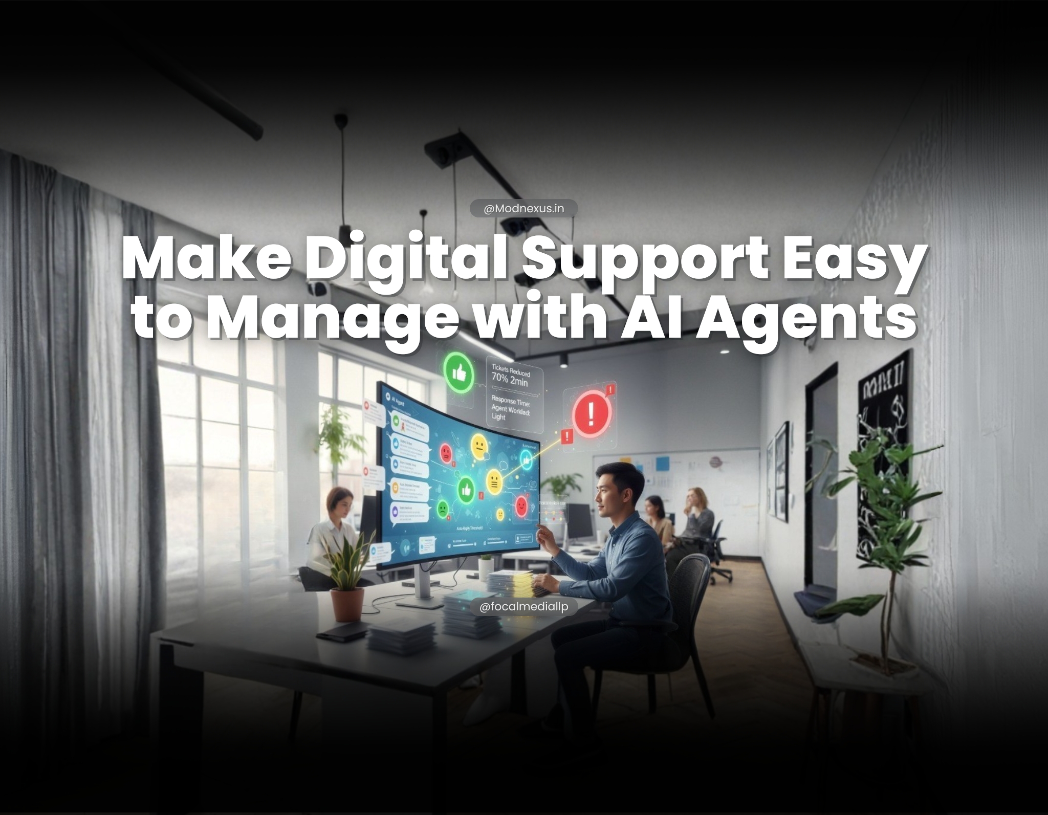 Support manager reviewing AI agent dashboard showing 70% ticket reduction in 2 minutes with sentiment analysis and alert notifications