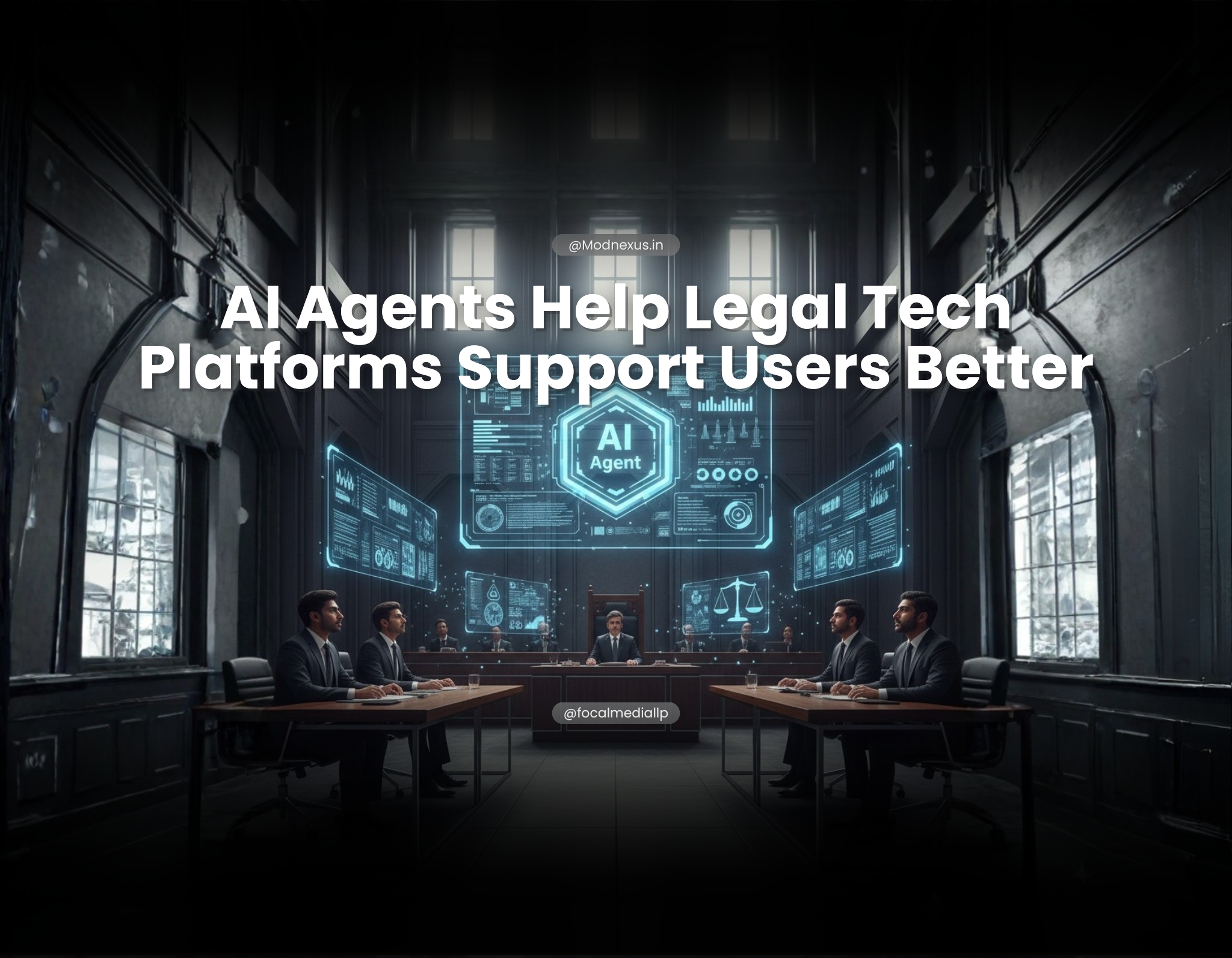 Legal professionals in a courtroom setting with a central AI agent dashboard displaying case analytics and justice scale icons for legal tech platforms