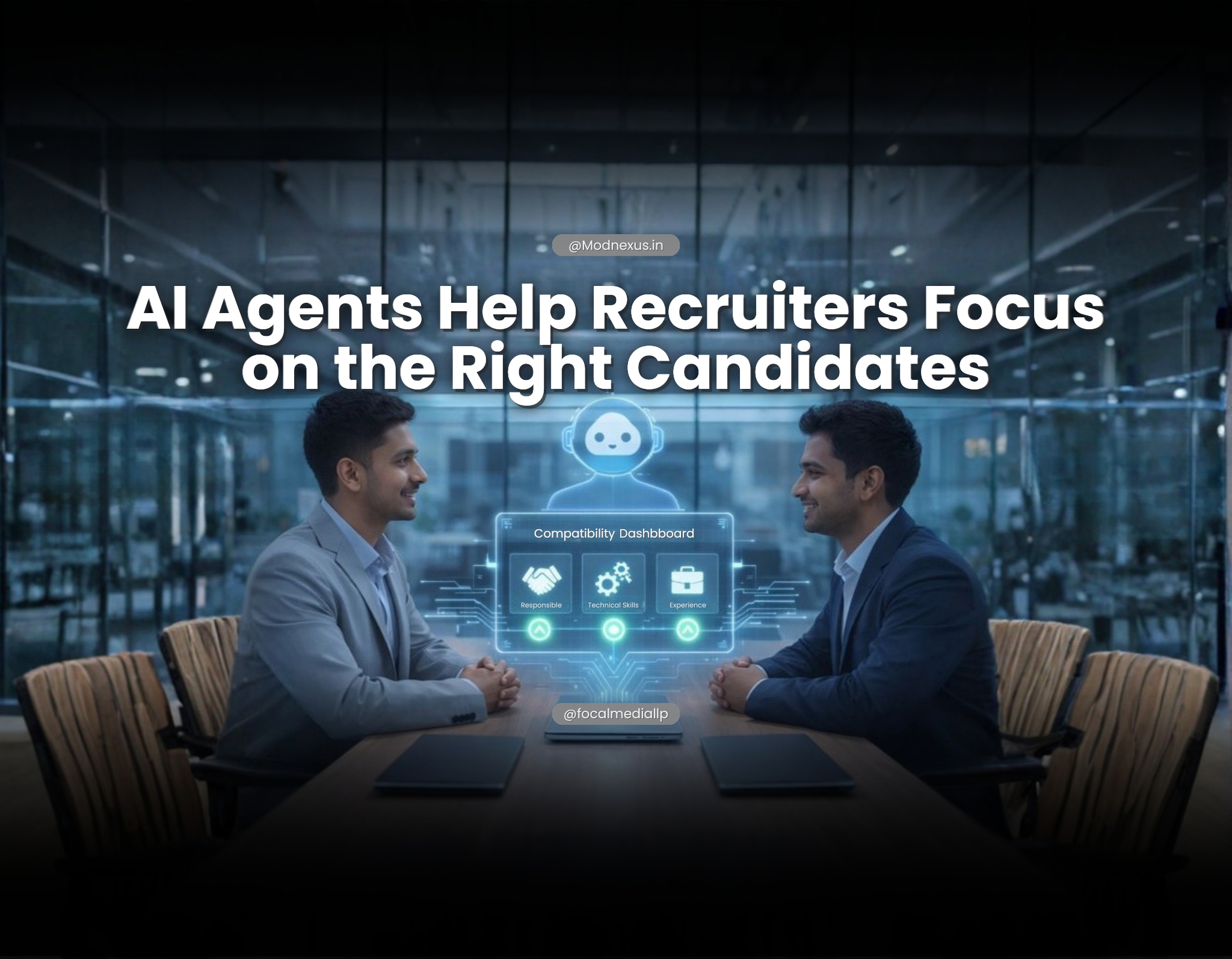 Two recruiters with an AI agent compatibility dashboard evaluating candidates on responsibility, technical skills and experience