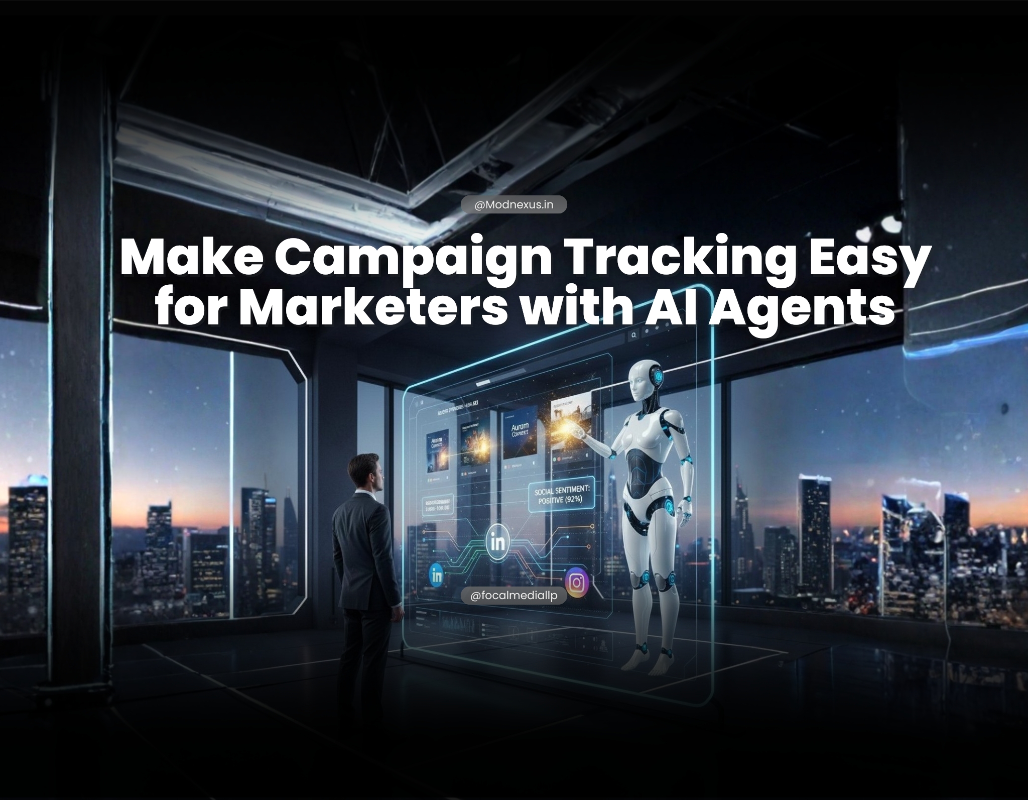 AI agent presenting real-time campaign tracking dashboard with social sentiment analysis for marketers on a holographic screen