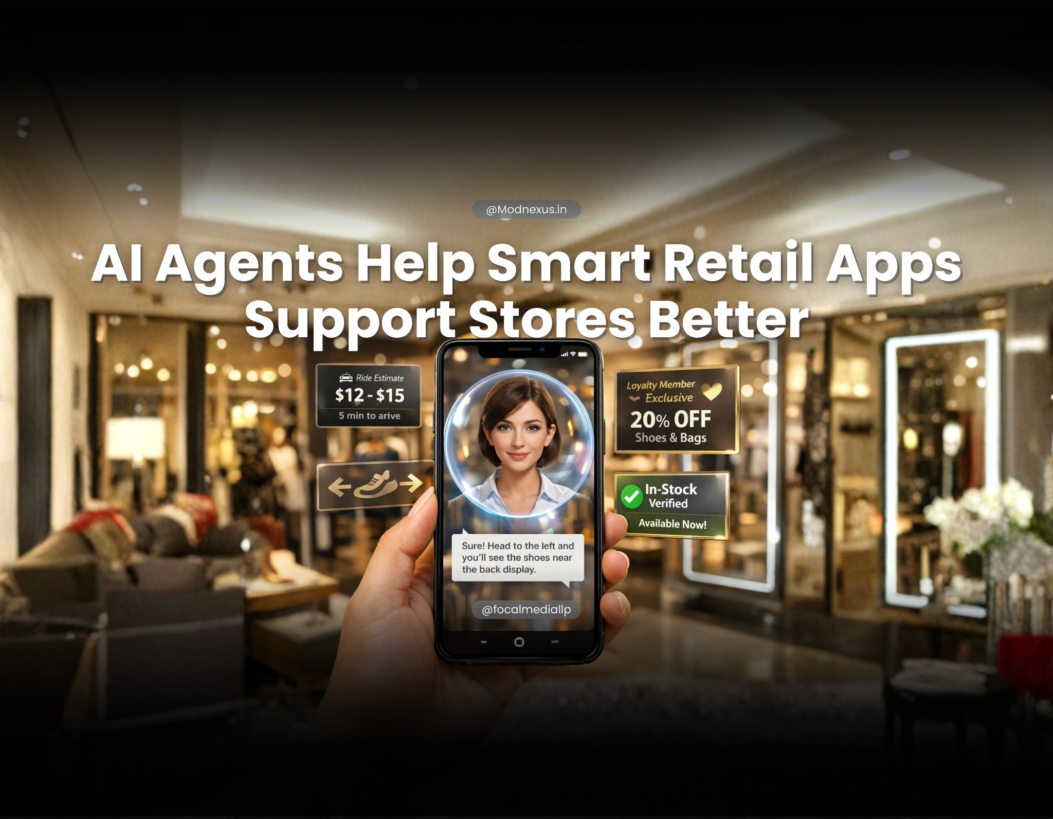 Shopper holding smartphone with AI agent assistant showing in-store navigation, loyalty discounts and real-time stock availability in a retail store