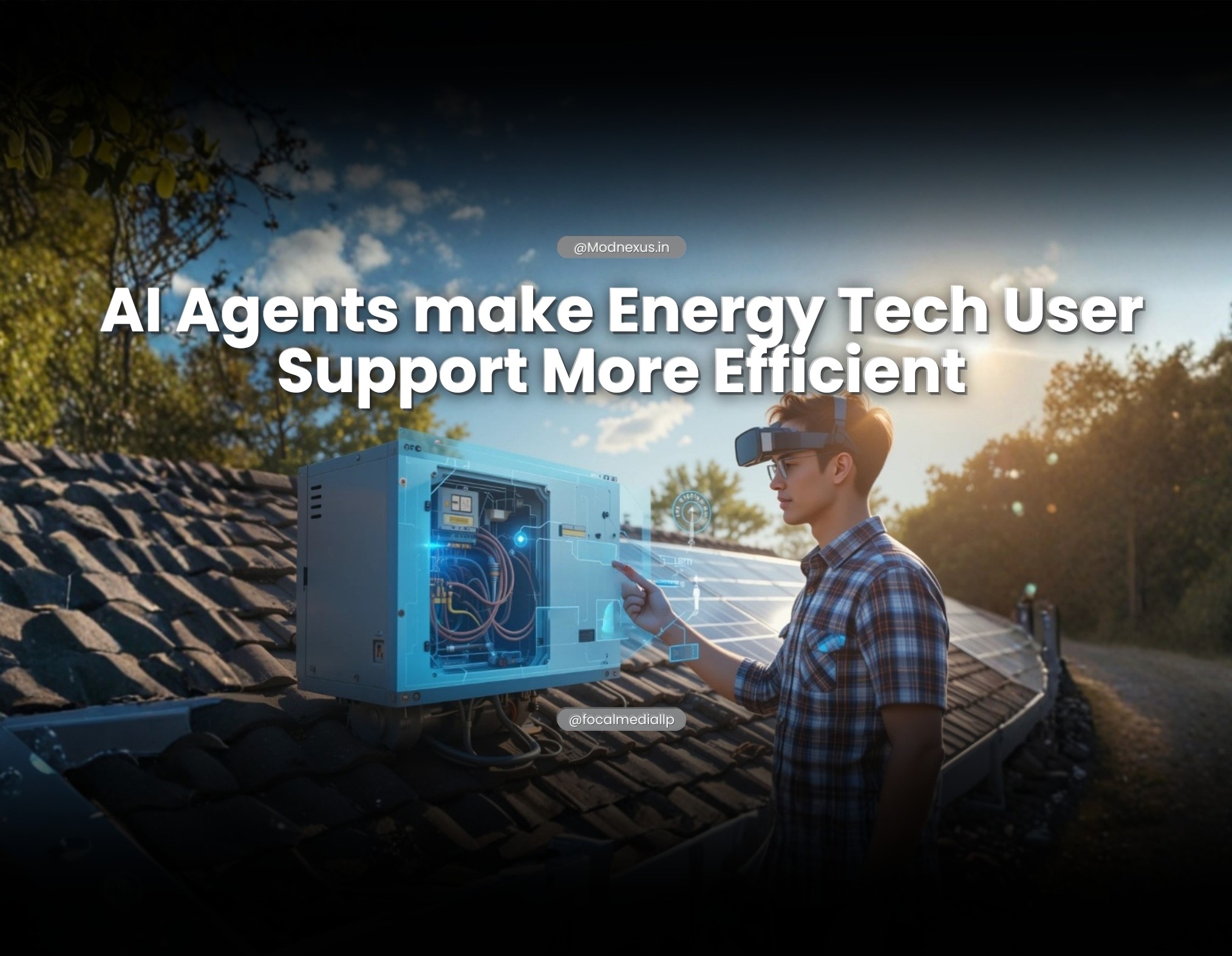 Energy technician using AR headset to inspect solar panel system with AI agent holographic overlay for energy tech user support