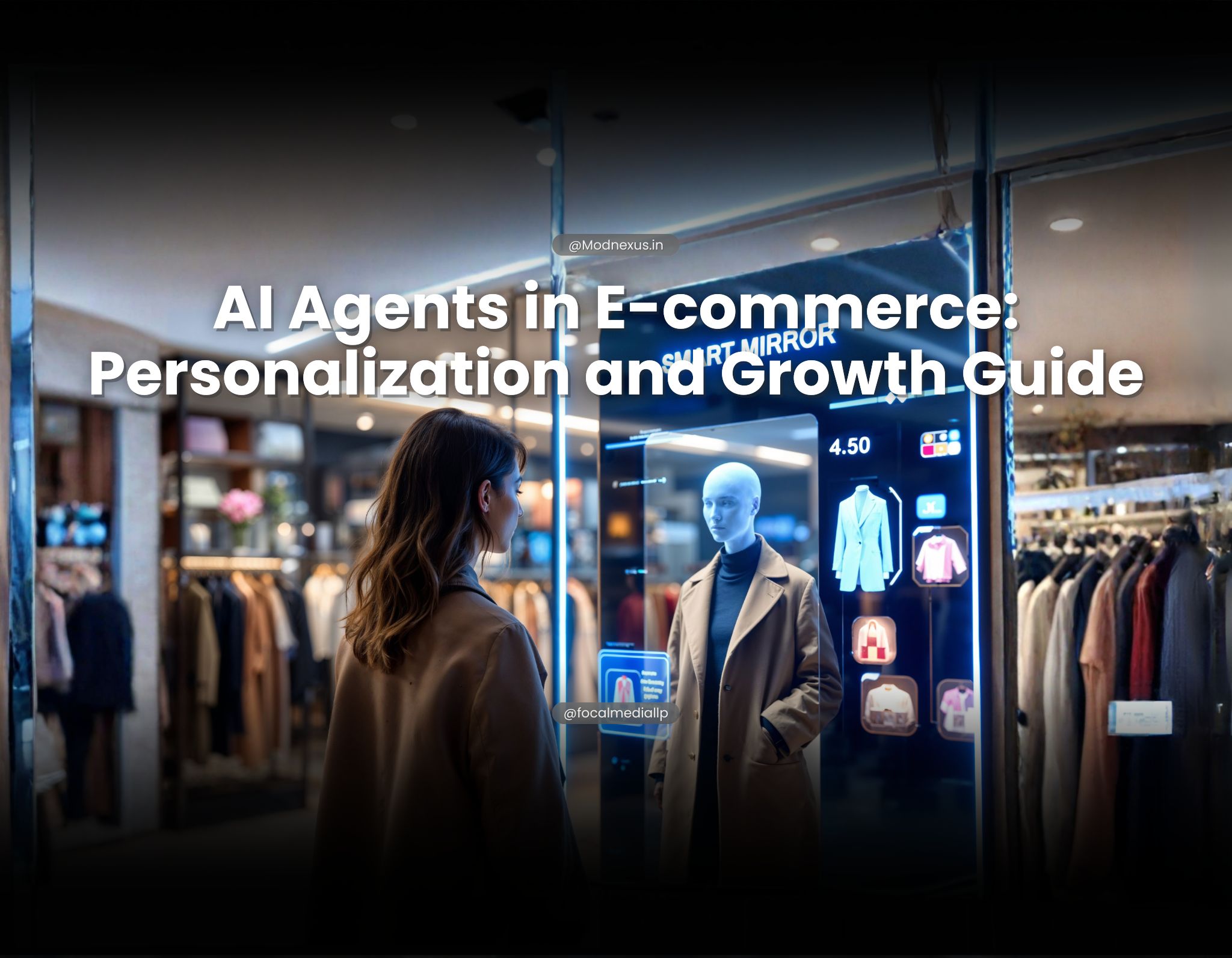 Shopper using AI-powered smart mirror in a fashion retail store displaying personalised outfit recommendations and product ratings