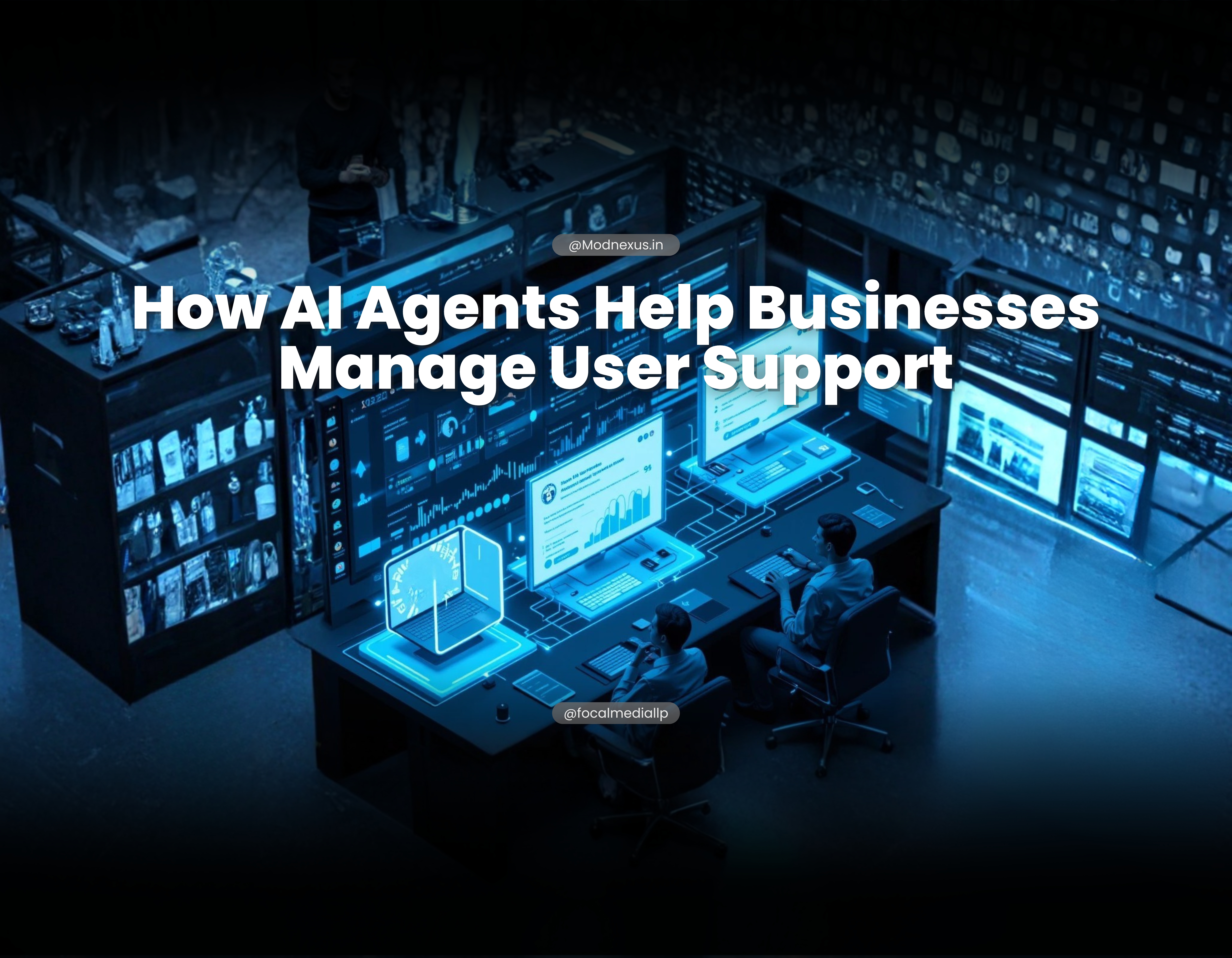 Business support team managing AI-powered user support operations across multiple screens in a high-tech command centre