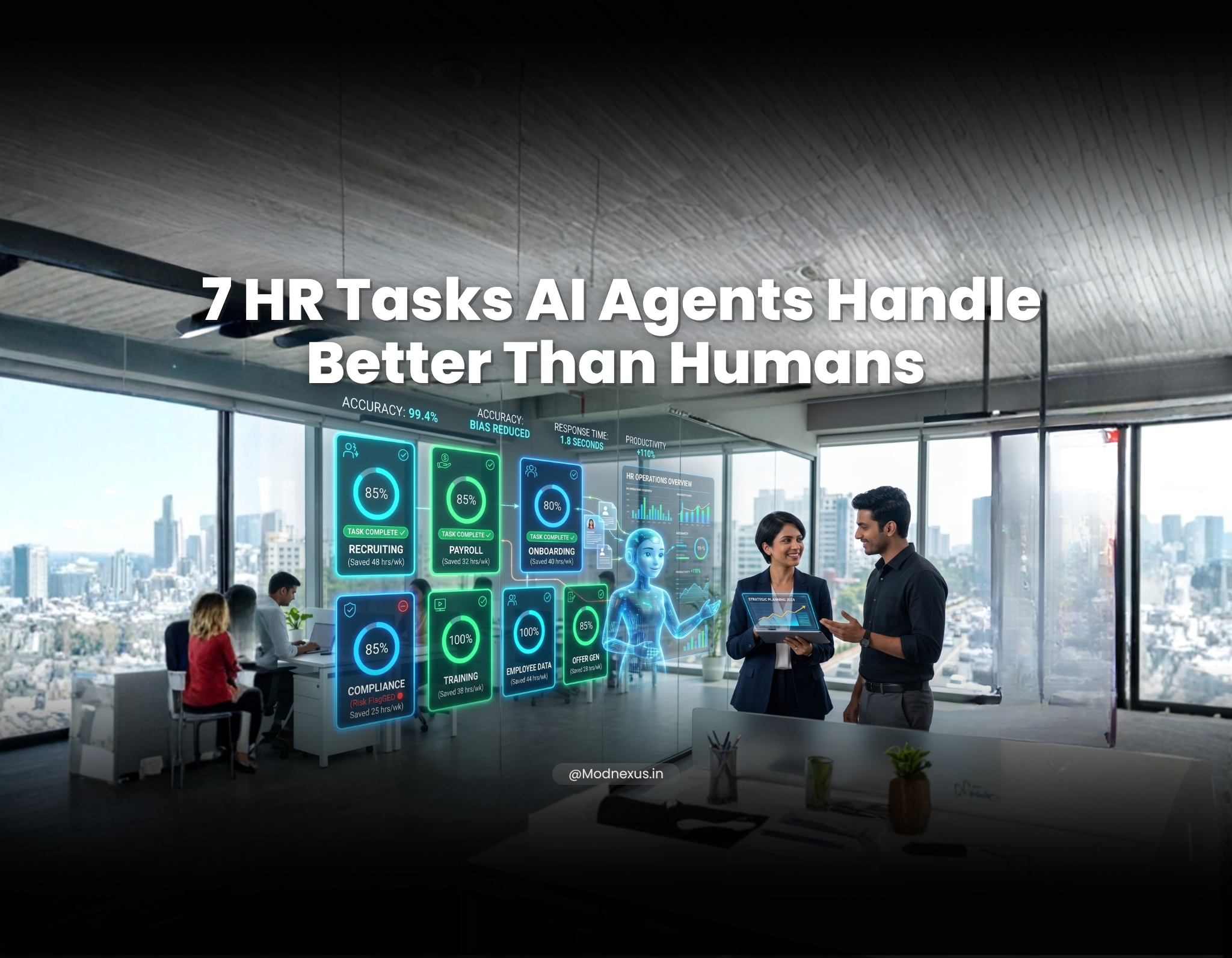 Automated employee onboarding workflow showing document signing, training module assignment, and welcome email sequence managed by AI